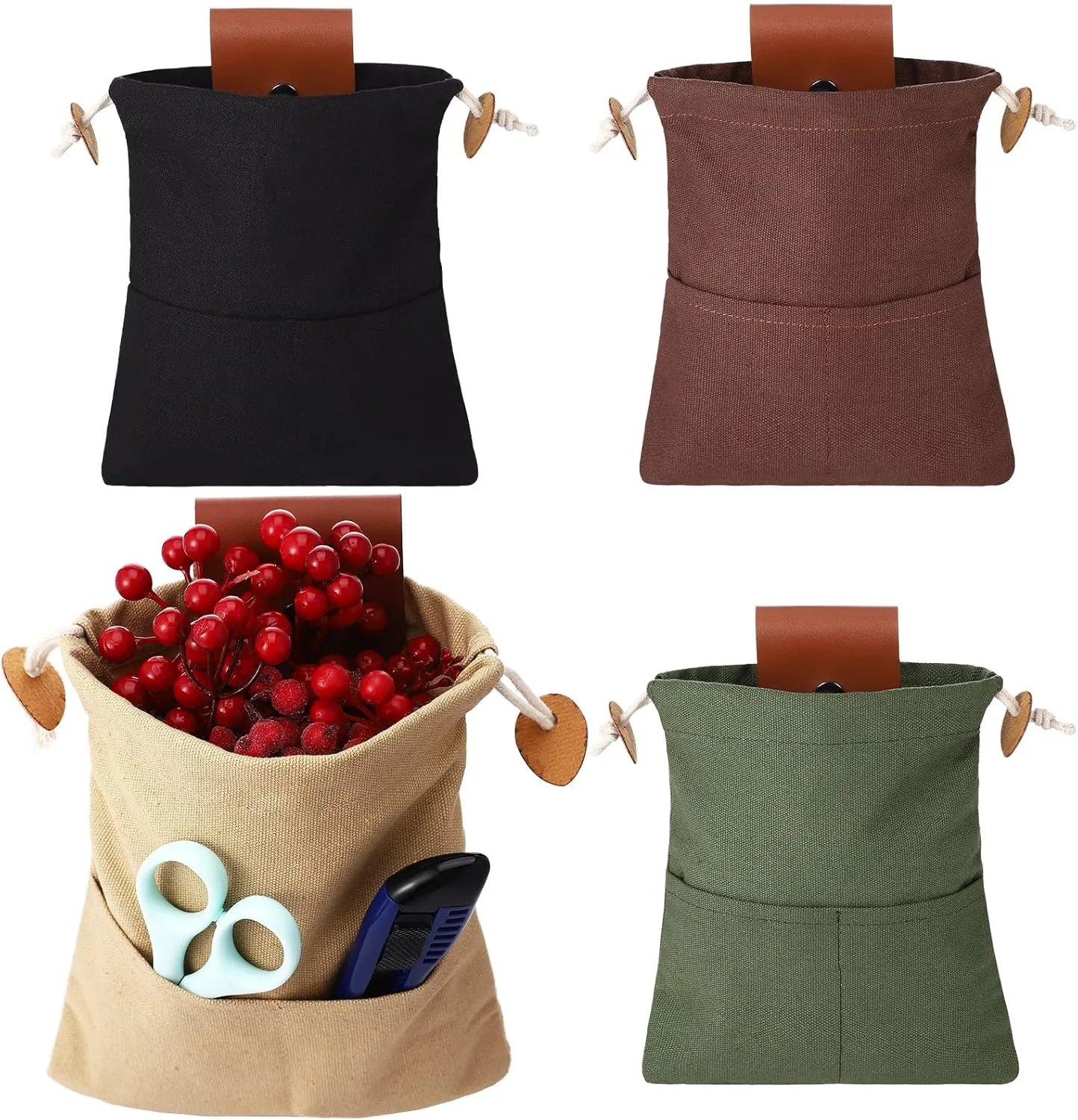 Foraging Bag 4 Pcs Canvas Waxed Foraging Pouch Mushroom Bags Collapsible Bushcraft Leather Pu Hunting Belt Bag Hiking Pouch for Outdoor Traveling Camping
