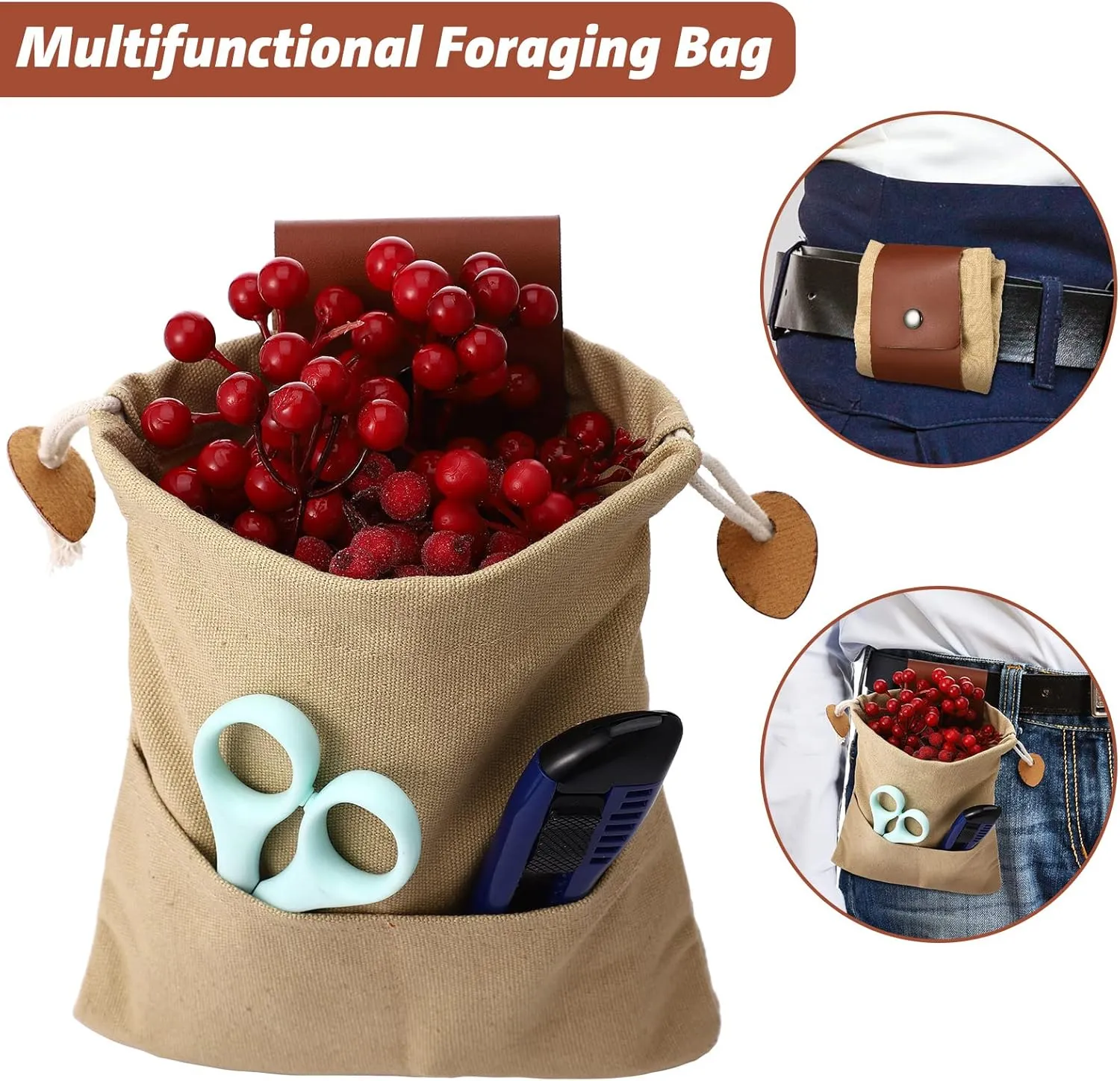 Foraging Bag 4 Pcs Canvas Waxed Foraging Pouch Mushroom Bags Collapsible Bushcraft Leather Pu Hunting Belt Bag Hiking Pouch for Outdoor Traveling Camping