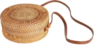 Forart Handwoven Round Rattan Bag Shoulder Leather Straps Natural Chic Crossbody Bags(Ship from USA)