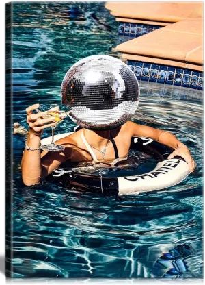 Framed Disco Canvas Wall Art Disco Ball Decor Funky Posters Trendy Cocktail Art Aesthetic Blue Home Wall Decor for Bathroom Living Room Bar 12x16in Ready to hang