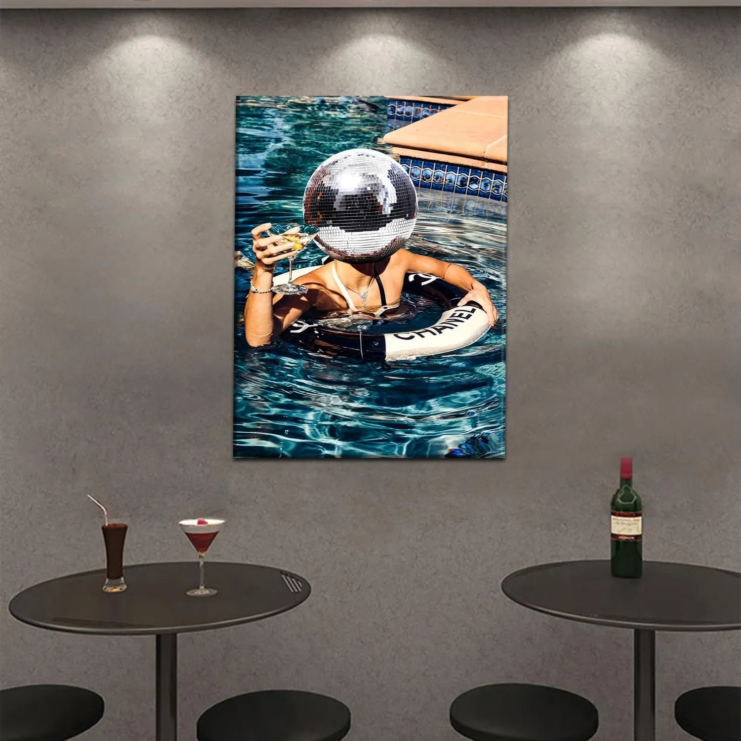 Framed Disco Canvas Wall Art Disco Ball Decor Funky Posters Trendy Cocktail Art Aesthetic Blue Home Wall Decor for Bathroom Living Room Bar 12x16in Ready to hang