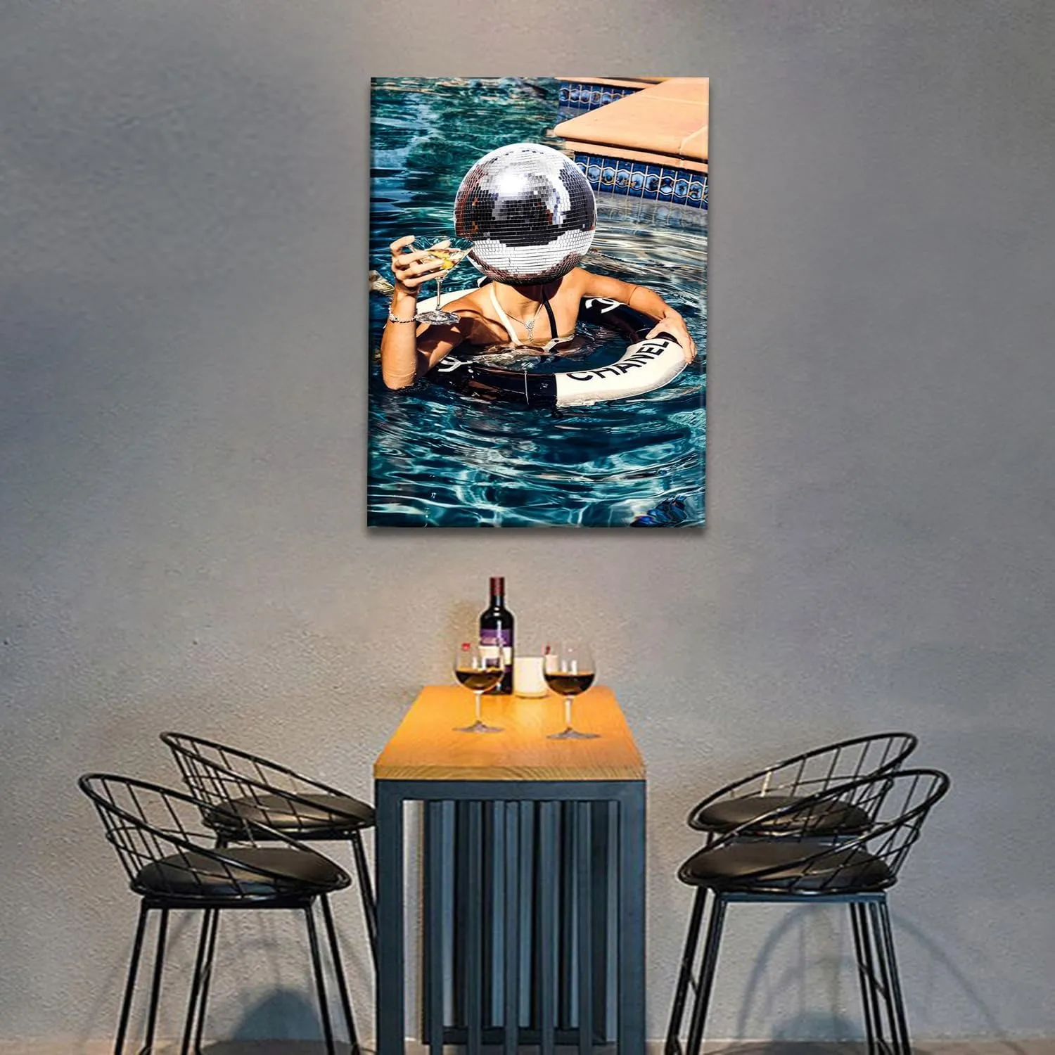 Framed Disco Canvas Wall Art Disco Ball Decor Funky Posters Trendy Cocktail Art Aesthetic Blue Home Wall Decor for Bathroom Living Room Bar 12x16in Ready to hang