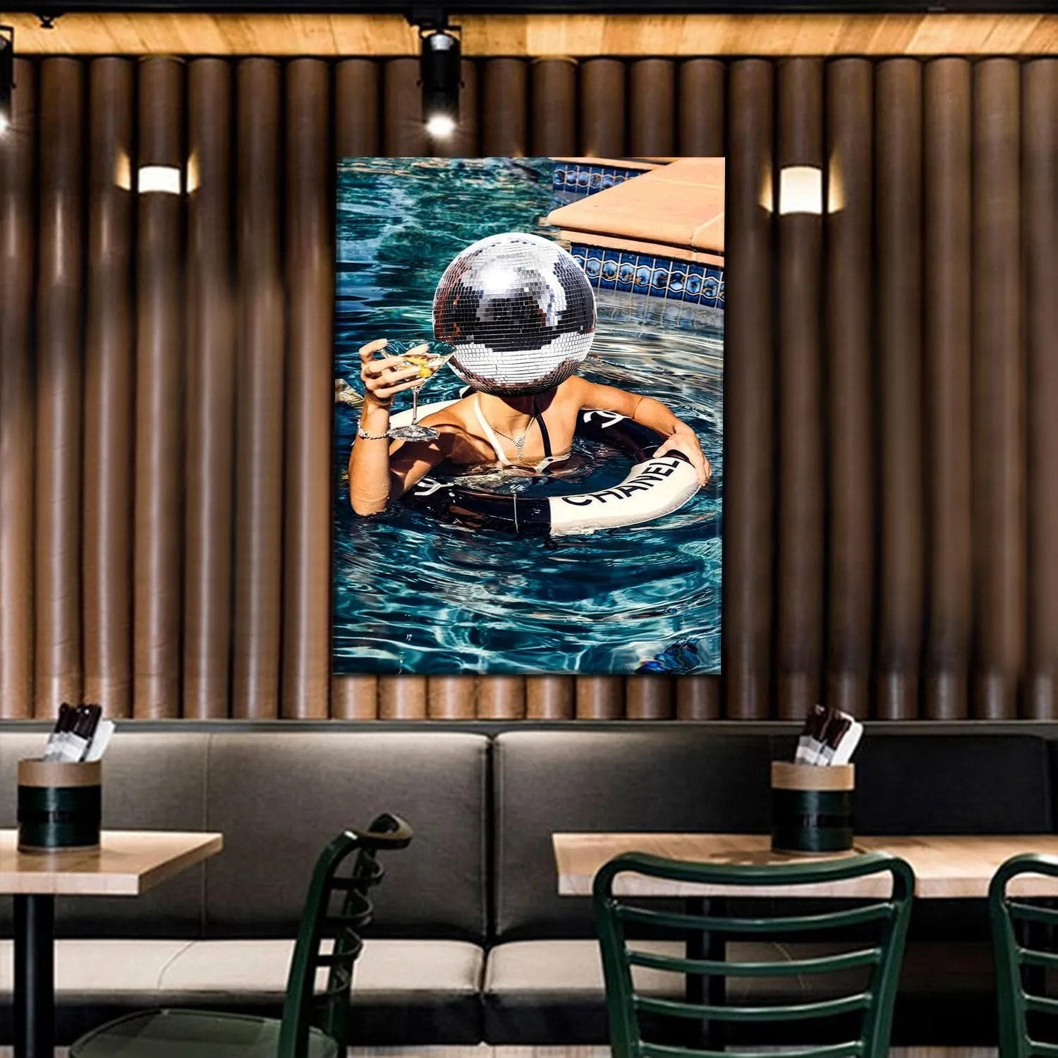 Framed Disco Canvas Wall Art Disco Ball Decor Funky Posters Trendy Cocktail Art Aesthetic Blue Home Wall Decor for Bathroom Living Room Bar 12x16in Ready to hang
