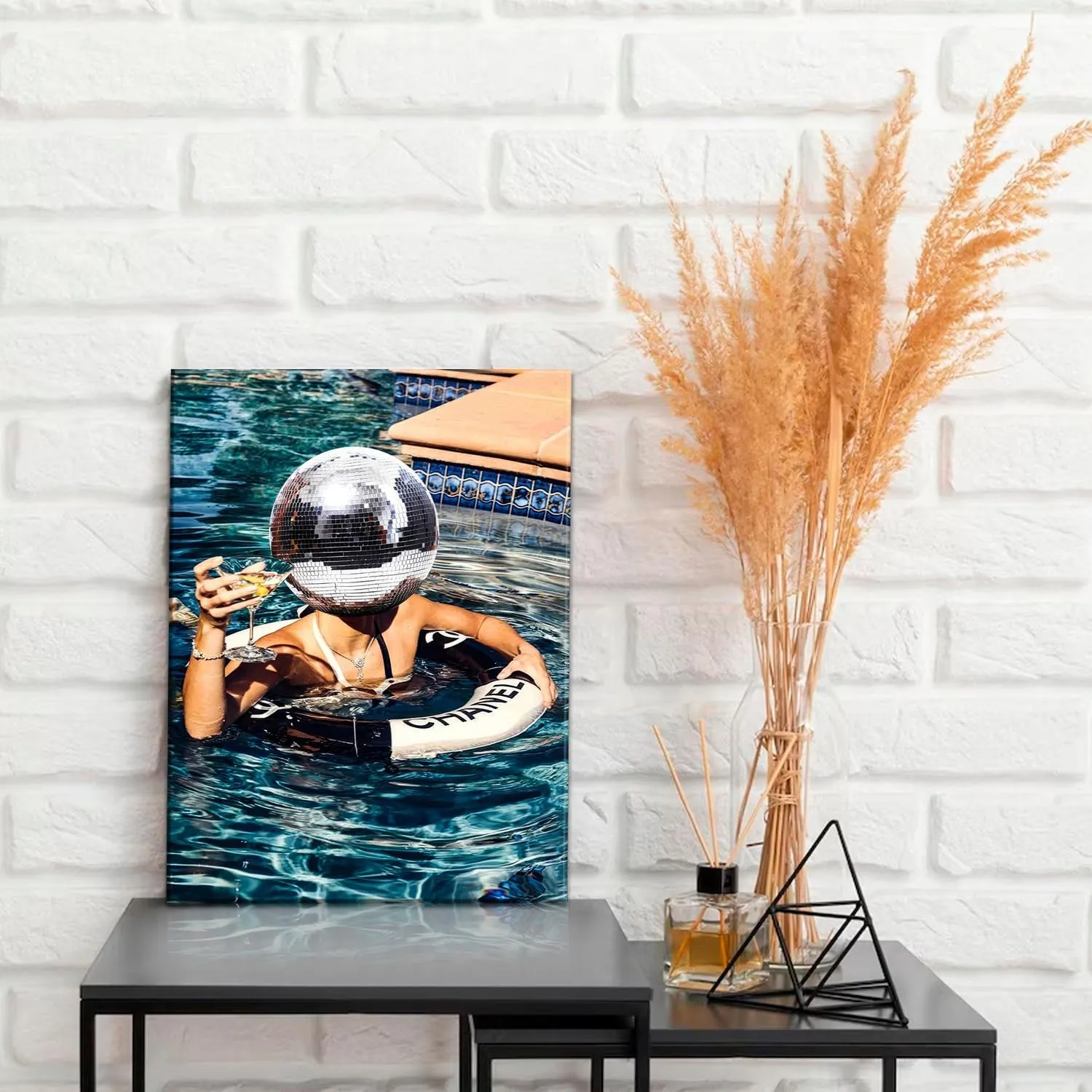 Framed Disco Canvas Wall Art Disco Ball Decor Funky Posters Trendy Cocktail Art Aesthetic Blue Home Wall Decor for Bathroom Living Room Bar 12x16in Ready to hang