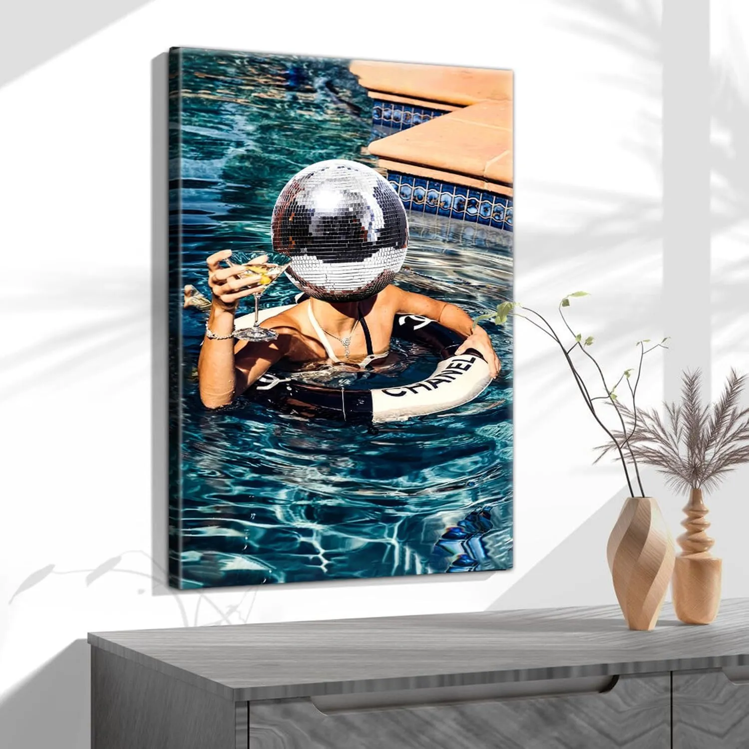 Framed Disco Canvas Wall Art Disco Ball Decor Funky Posters Trendy Cocktail Art Aesthetic Blue Home Wall Decor for Bathroom Living Room Bar 12x16in Ready to hang