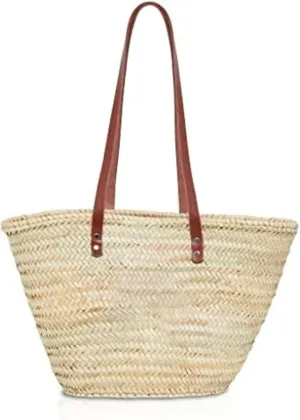 French Market Basket – Woven Palm Leaf Tote with Brown Leather Handles, Beach, Picnic & Shopping Straw Bag, Rustic Boho Chic