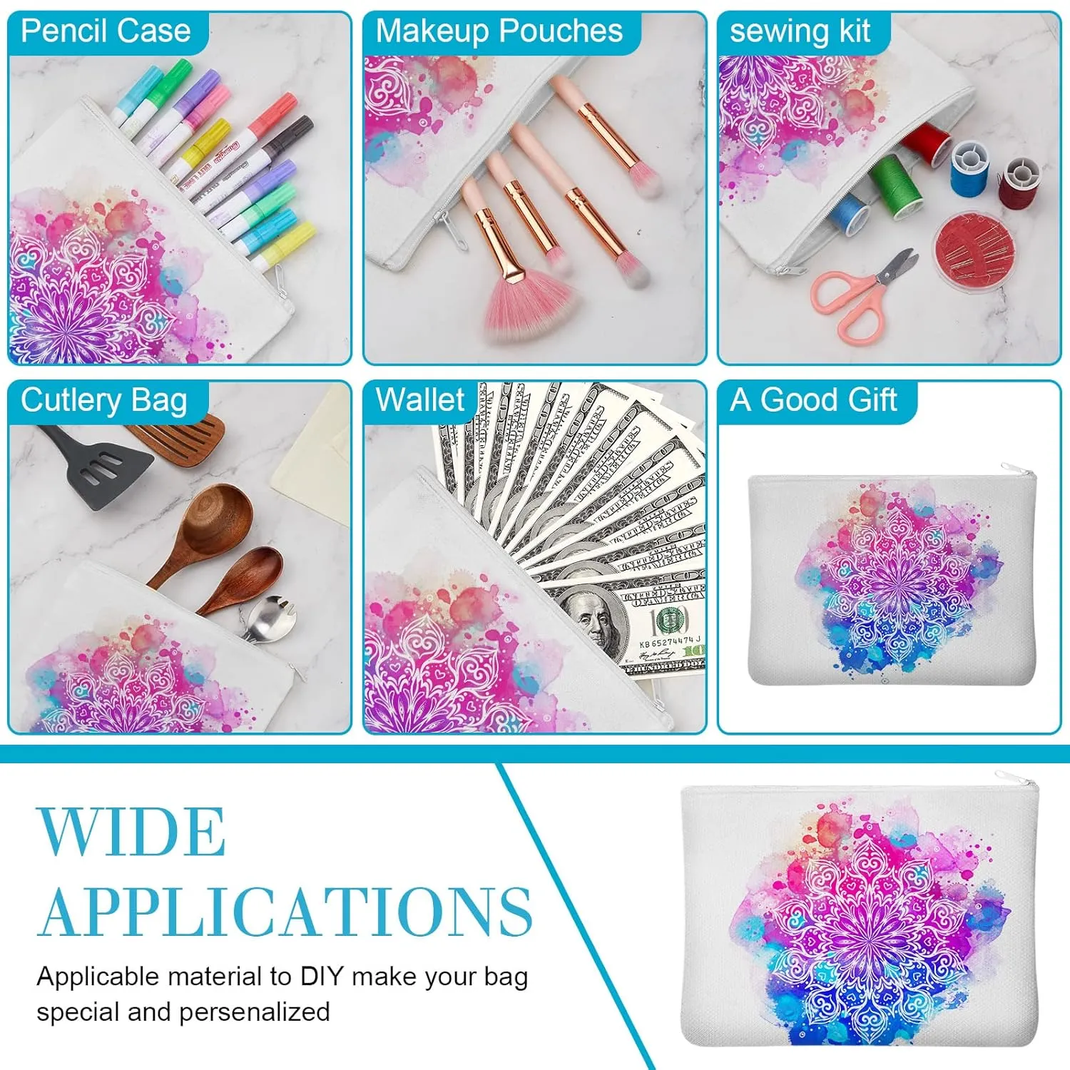 Frienda 100 Pcs Sublimation Blank Canvas Makeup Bags Bulk DIY Heat Transfer Canvas Pen Case Pencil Cosmetic Makeup Bags Clear Sublimation Blank Pouch with Zipper (7 x 4.3 Inch,White)