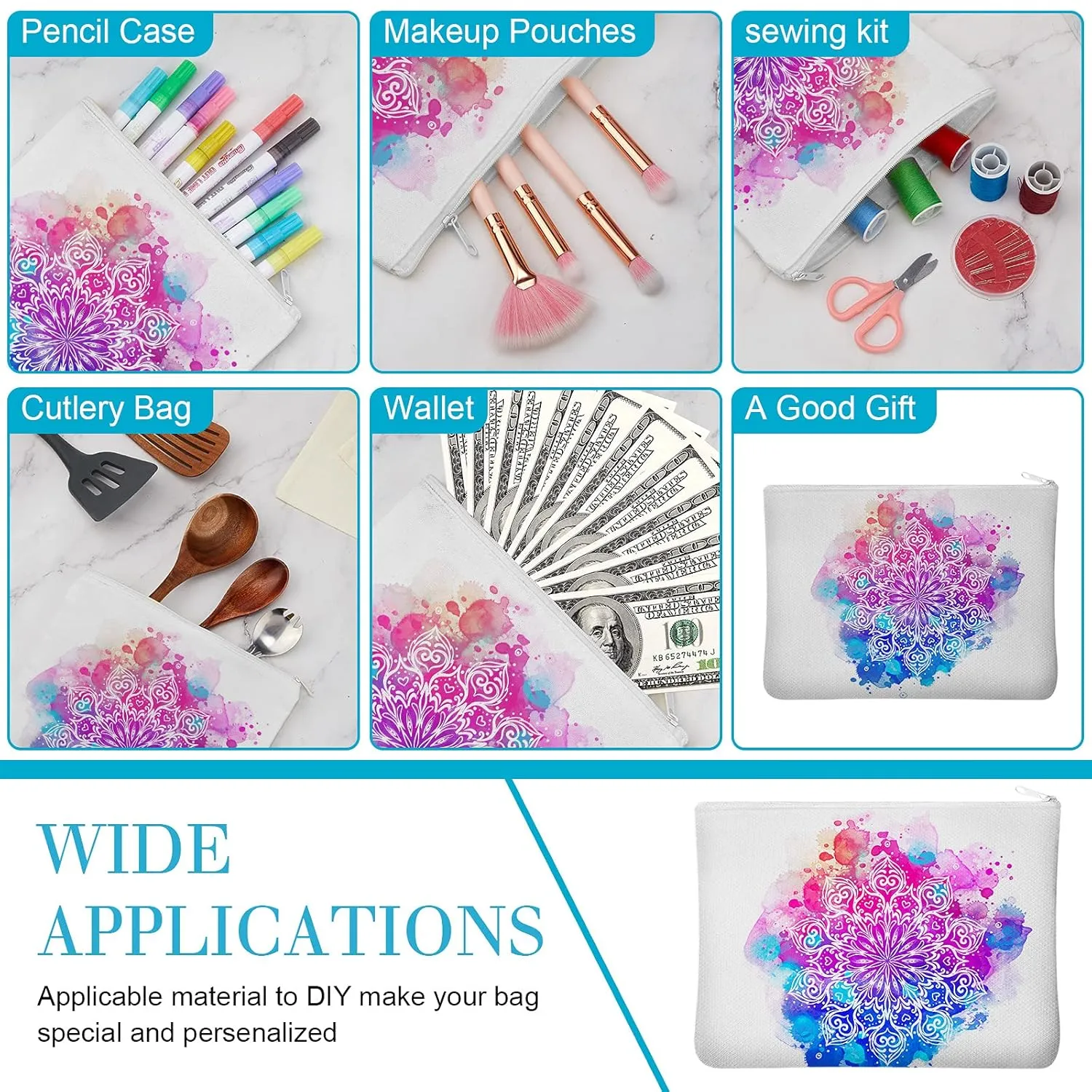 Frienda 50 Pcs Sublimation Blank Canvas Makeup Bags Bulk DIY Heat Transfer Canvas Pen Case Pencil Cosmetic Makeup Bags Clear Sublimation Blank Pouch with Zipper (3 Sizes,White)