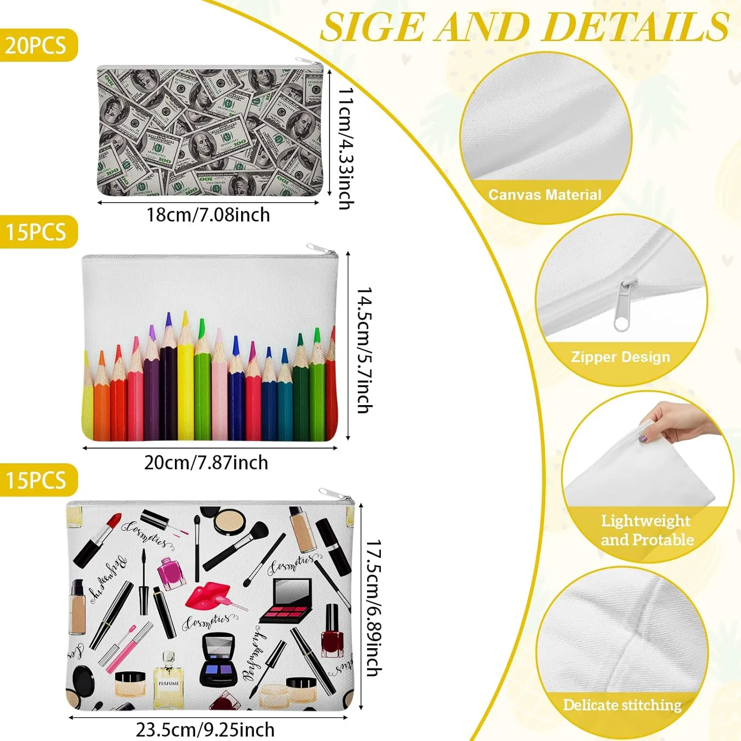 Frienda 50 Pcs Sublimation Blank Canvas Makeup Bags Bulk DIY Heat Transfer Canvas Pen Case Pencil Cosmetic Makeup Bags Clear Sublimation Blank Pouch with Zipper (3 Sizes,White)