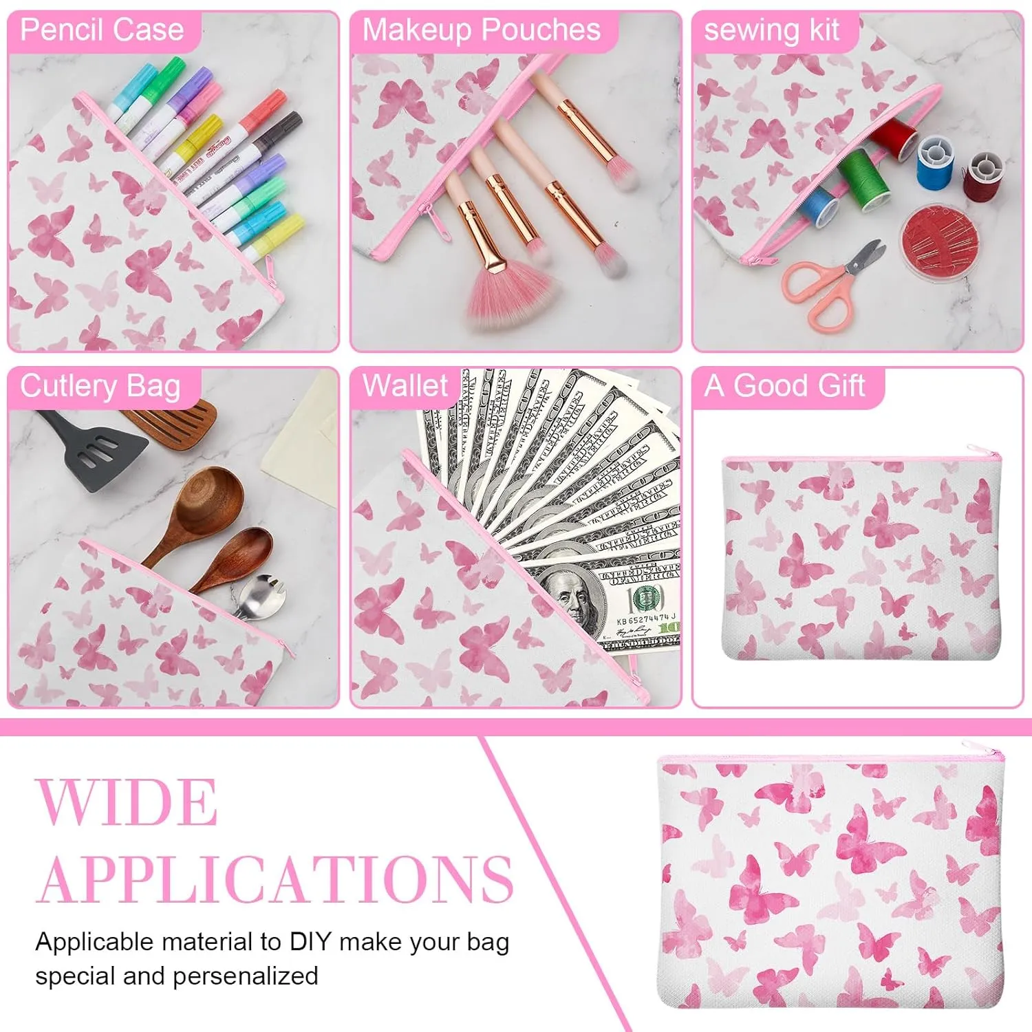 Frienda 50 Pcs Sublimation Blank Canvas Makeup Bags Bulk DIY Heat Transfer Canvas Pen Case Pencil Cosmetic Makeup Bags Clear Sublimation Blank Pouch with Zipper (7 x 4.3 Inch,White,Pink)