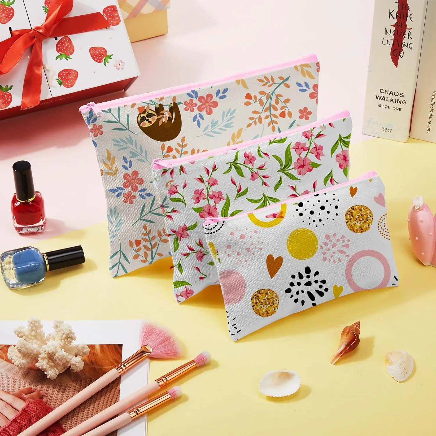 Frienda 50 Pcs Sublimation Blank Canvas Makeup Bags Bulk DIY Heat Transfer Canvas Pen Case Pencil Cosmetic Makeup Bags Clear Sublimation Blank Pouch with Zipper (7 x 4.3 Inch,White,Pink)
