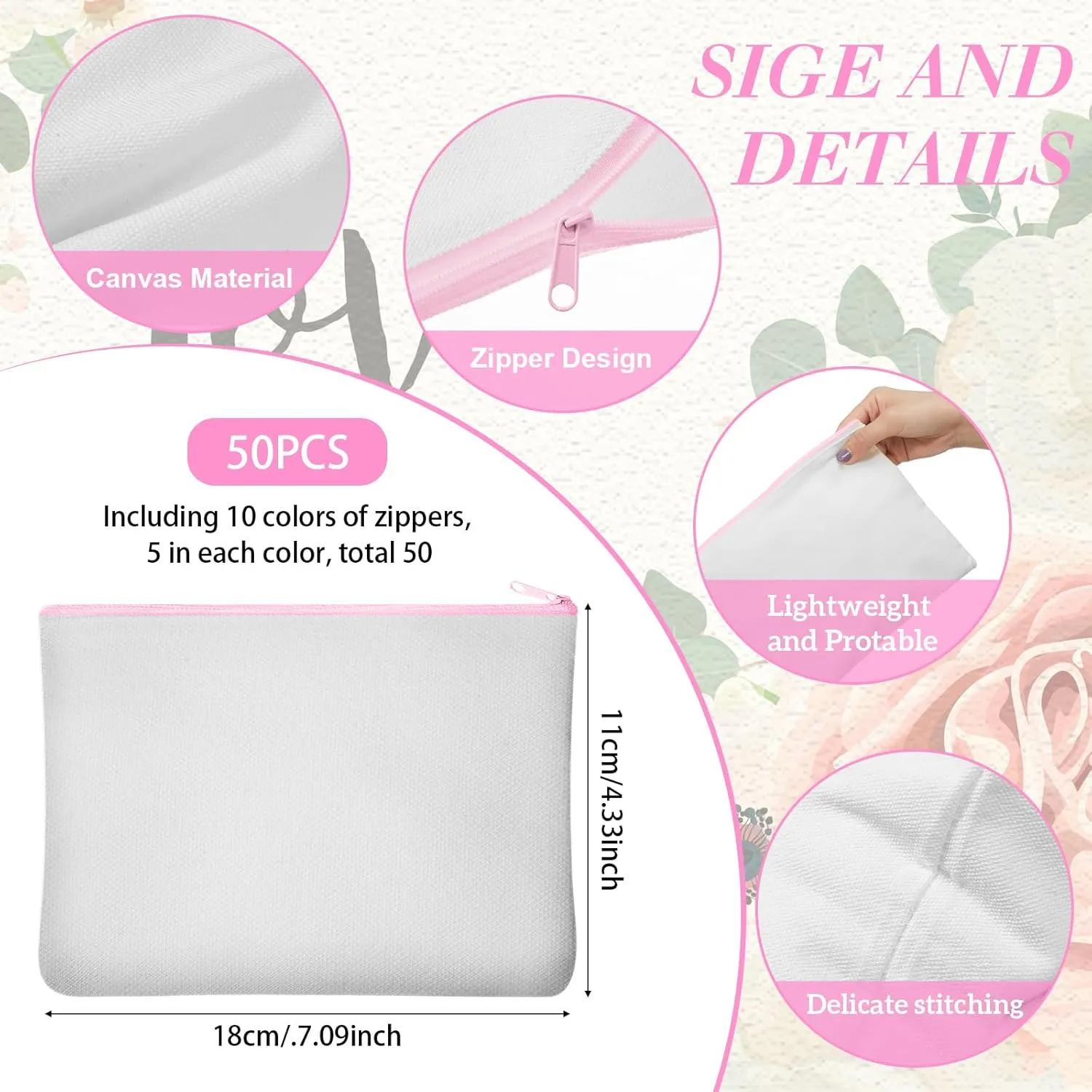 Frienda 50 Pcs Sublimation Blank Canvas Makeup Bags Bulk DIY Heat Transfer Canvas Pen Case Pencil Cosmetic Makeup Bags Clear Sublimation Blank Pouch with Zipper (7 x 4.3 Inch,White,Pink)