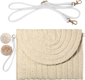 Frienda Straw Shoulder Bag Women Straw Clutch Crossbody Wallet(Creamy White)