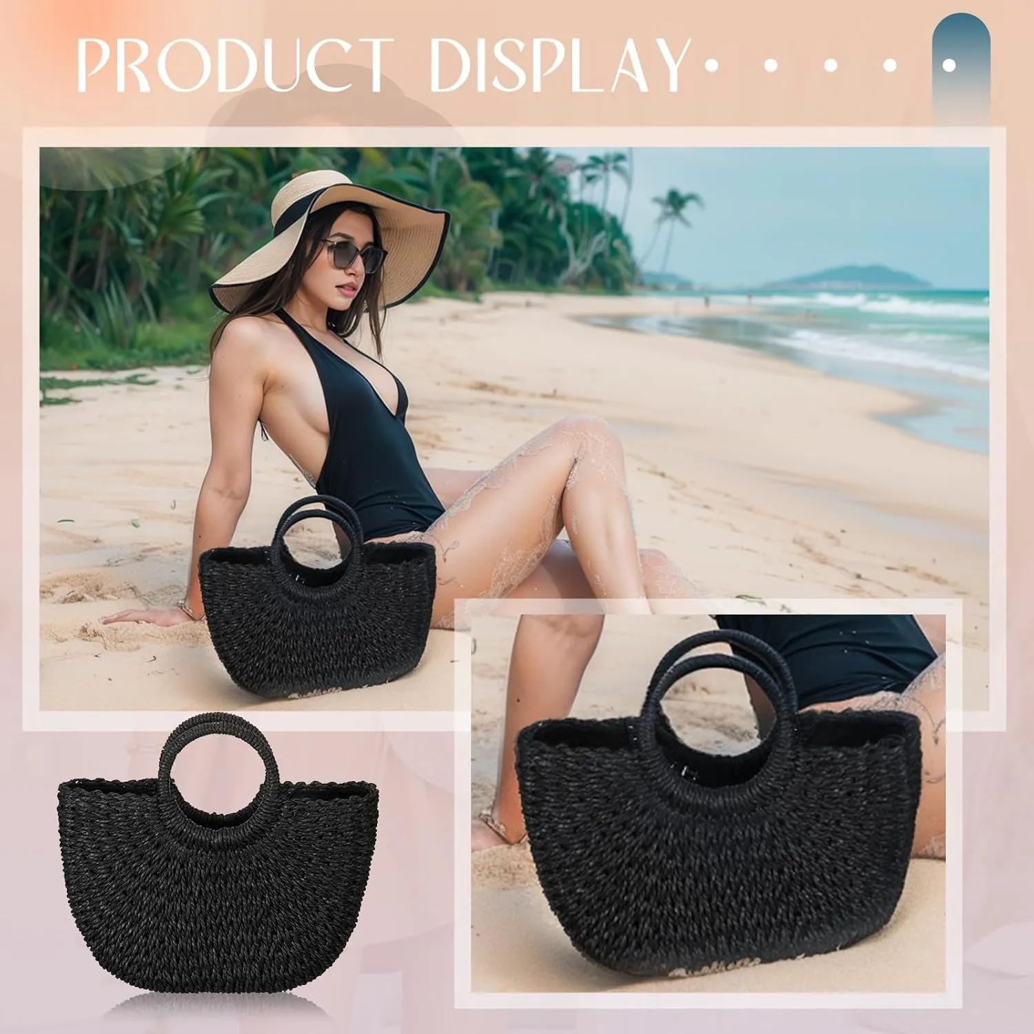 Frienda Straw Tote Bag Summer Beach Bag Handmade Straw Rattan Woven Handbag for Women Travel