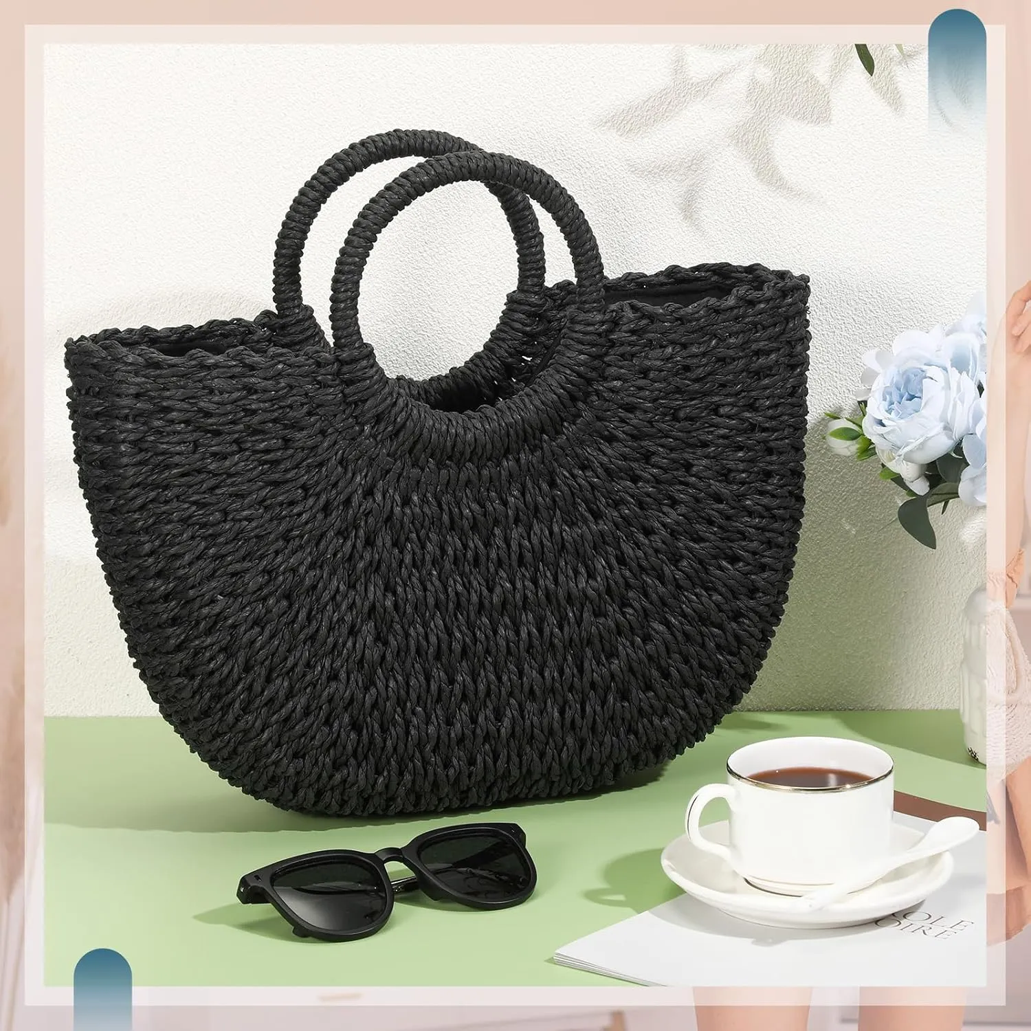 Frienda Straw Tote Bag Summer Beach Bag Handmade Straw Rattan Woven Handbag for Women Travel