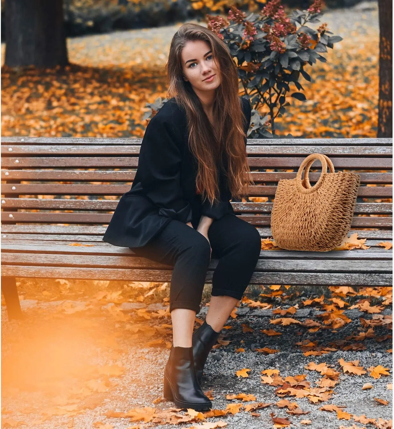 Frienda Straw Tote Bag Summer Beach Bag Handmade Straw Rattan Woven Handbag for Women Travel