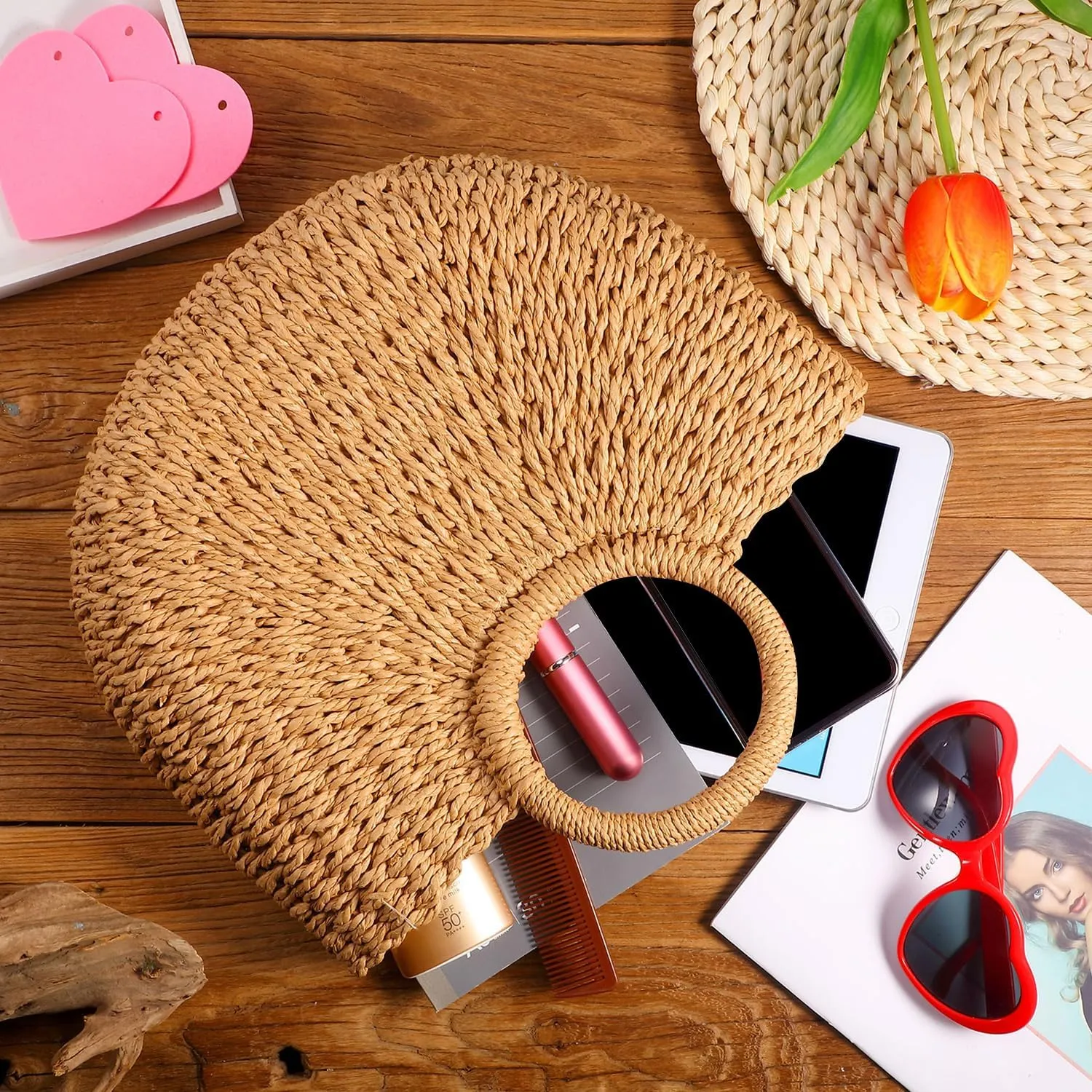 Frienda Straw Tote Bag Summer Beach Bag Handmade Straw Rattan Woven Handbag for Women Travel