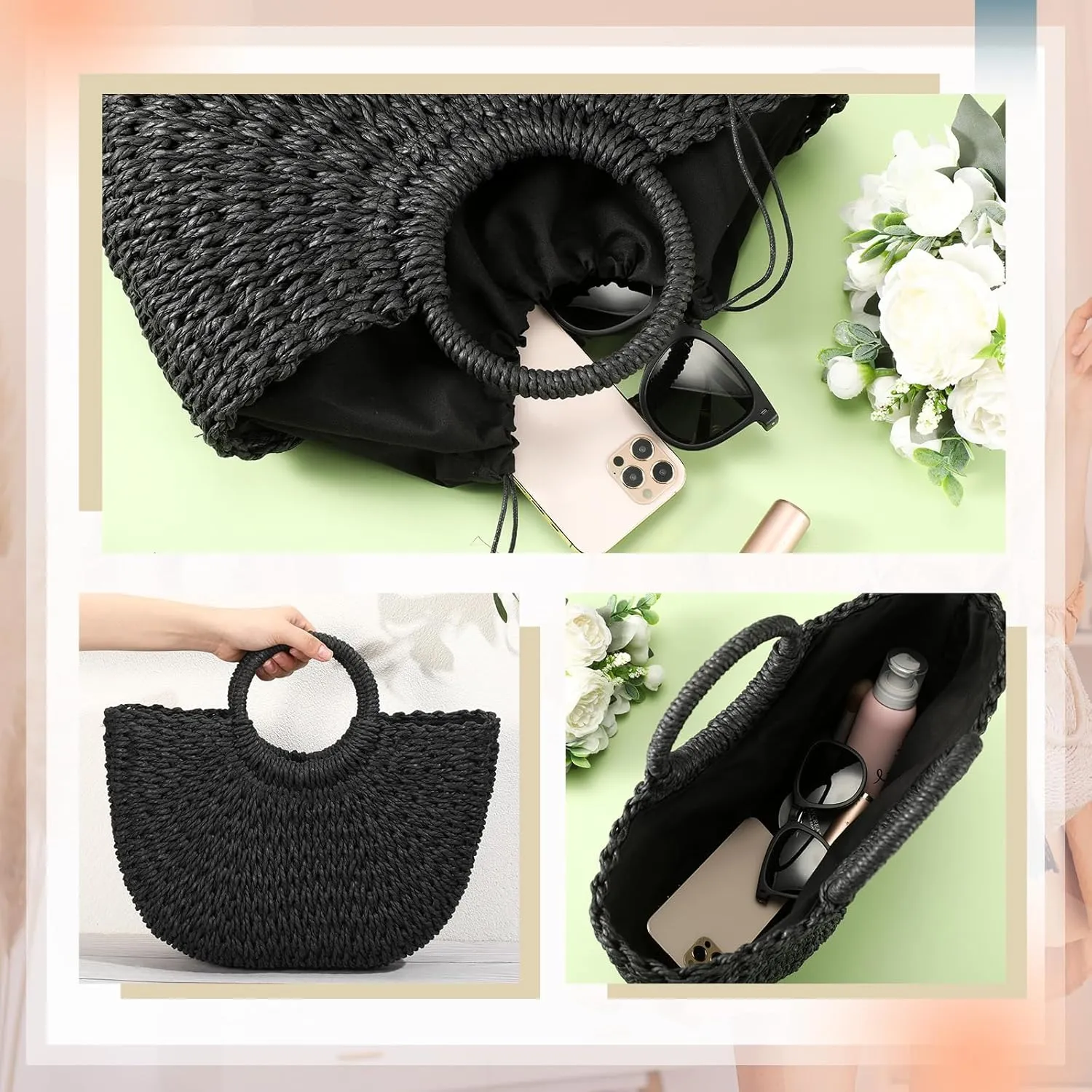 Frienda Straw Tote Bag Summer Beach Bag Handmade Straw Rattan Woven Handbag for Women Travel