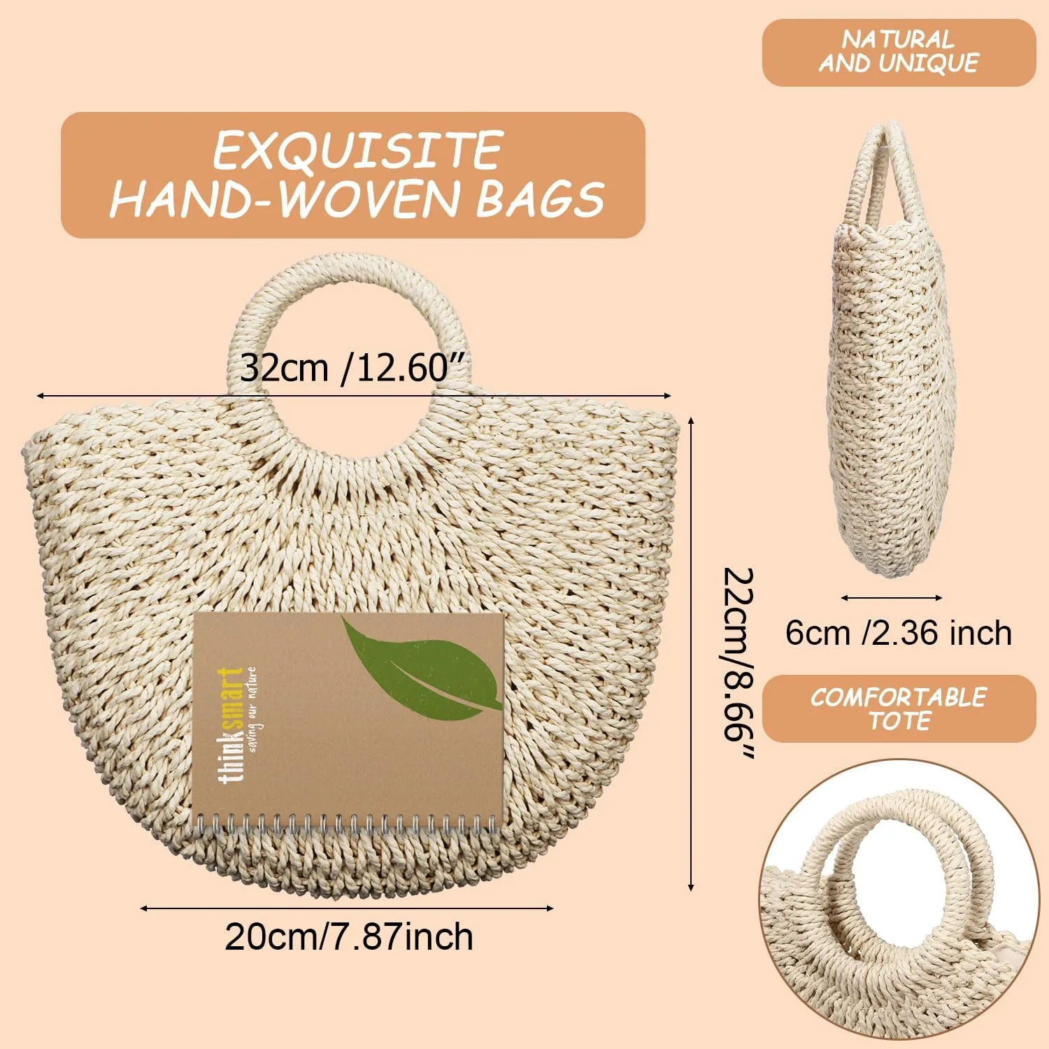Frienda Straw Tote Bag Summer Beach Bag Handmade Straw Rattan Woven Handbag for Women Travel