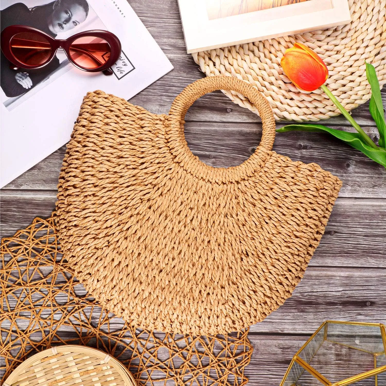 Frienda Straw Tote Bag Summer Beach Bag Handmade Straw Rattan Woven Handbag for Women Travel