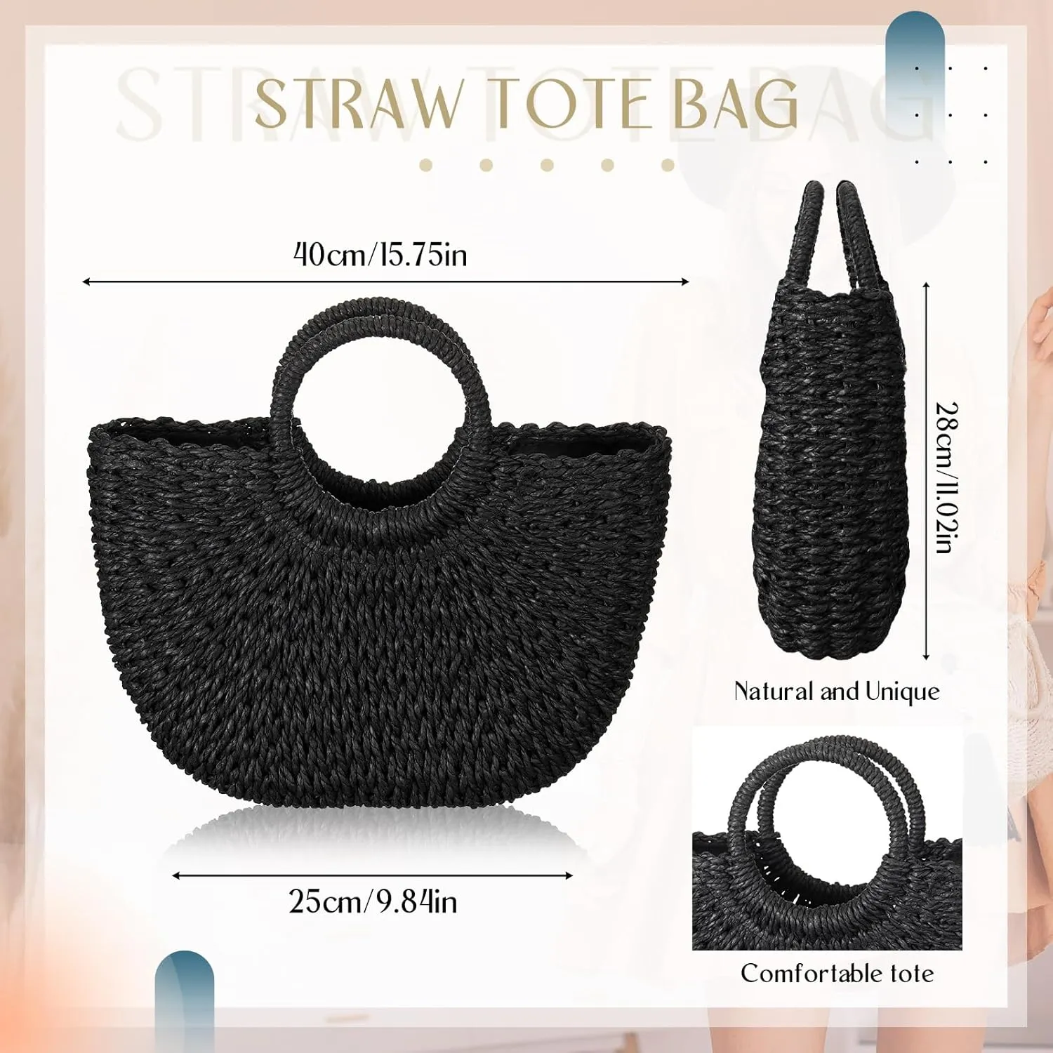 Frienda Straw Tote Bag Summer Beach Bag Handmade Straw Rattan Woven Handbag for Women Travel