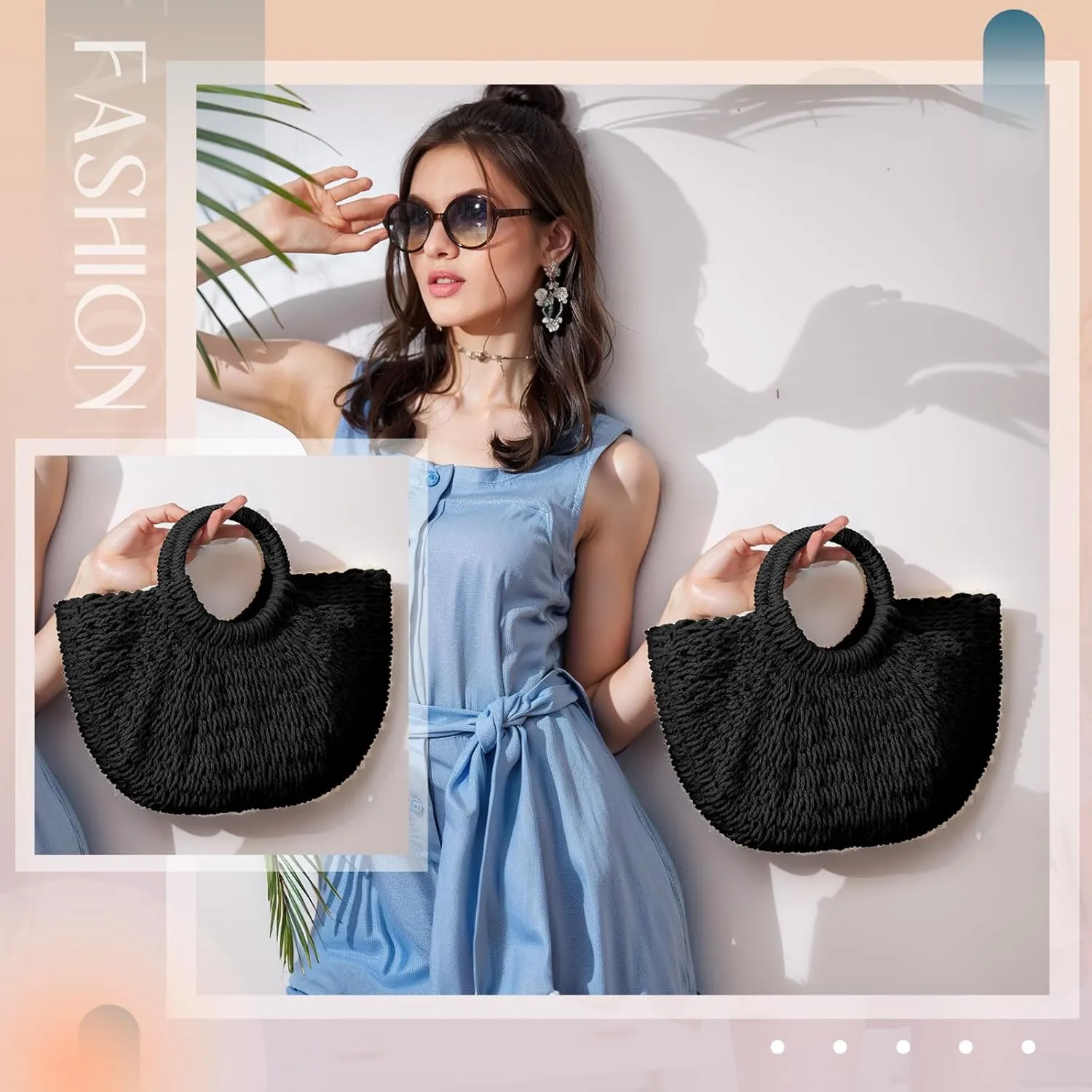 Frienda Straw Tote Bag Summer Beach Bag Handmade Straw Rattan Woven Handbag for Women Travel