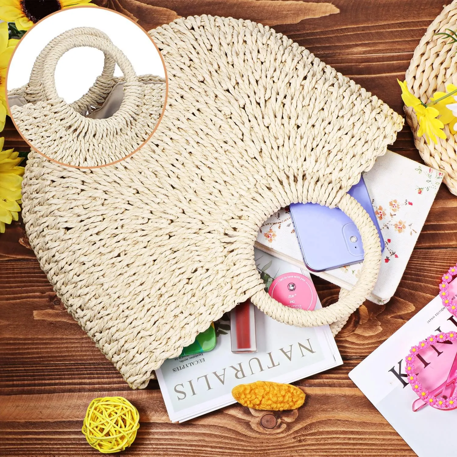 Frienda Straw Tote Bag Summer Beach Bag Handmade Straw Rattan Woven Handbag for Women Travel