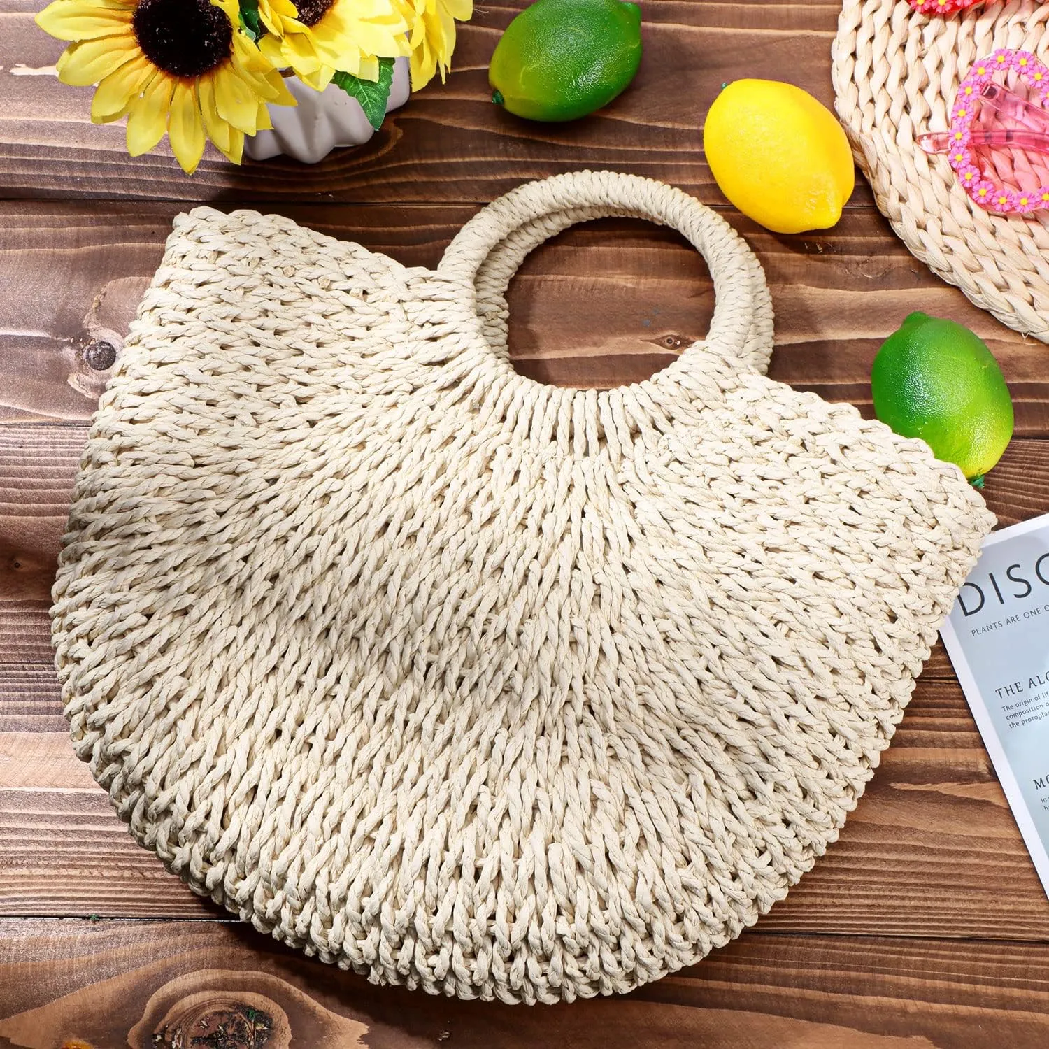 Frienda Straw Tote Bag Summer Beach Bag Handmade Straw Rattan Woven Handbag for Women Travel
