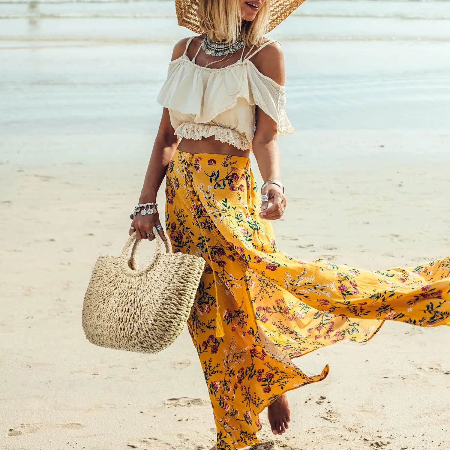 Frienda Straw Tote Bag Summer Beach Bag Handmade Straw Rattan Woven Handbag for Women Travel
