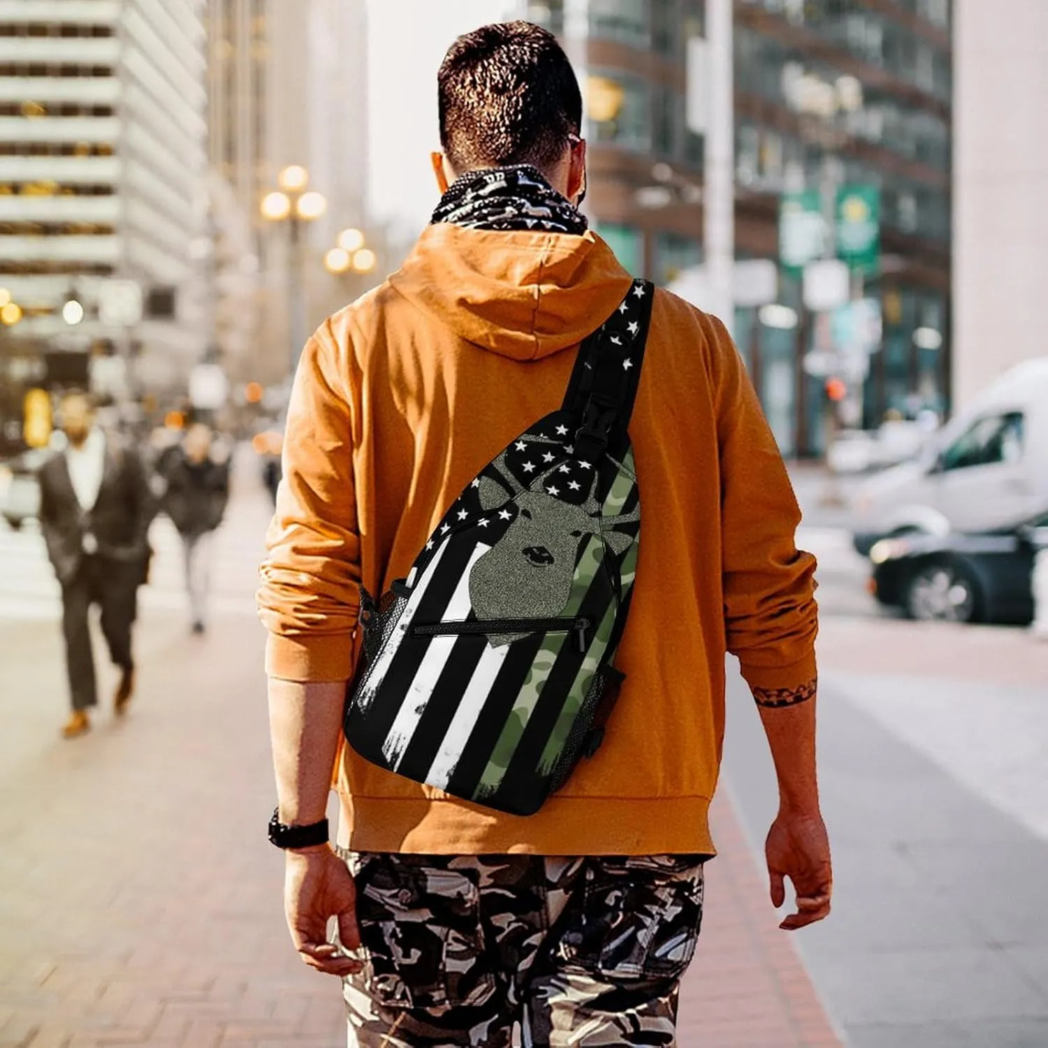 Funny Camouflage American Flag Hunting Deer Camo Chest Bag for Sports, Women Men Causal Sling Bag Shoulder Pack Crossbody Backpack with Detachable Buckles for Hiking Daypack