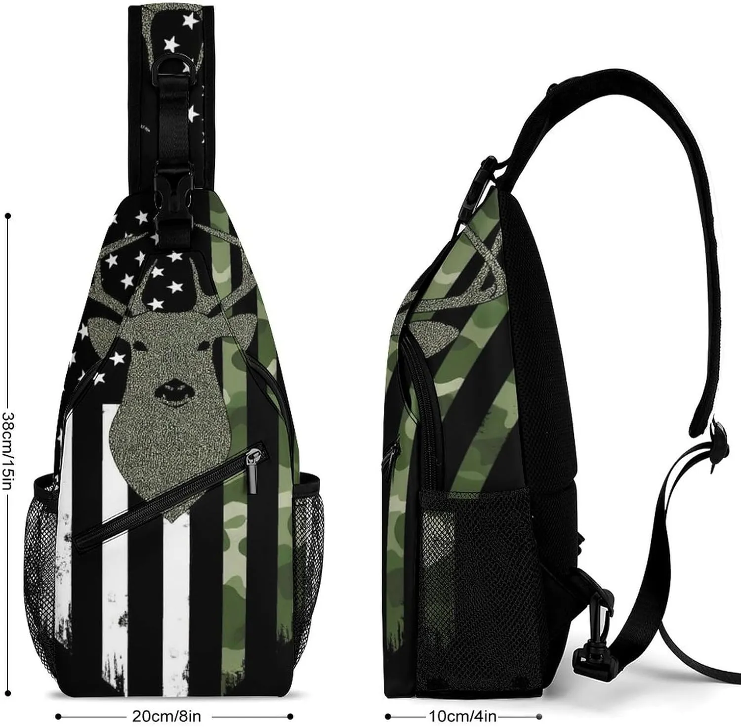 Funny Camouflage American Flag Hunting Deer Camo Chest Bag for Sports, Women Men Causal Sling Bag Shoulder Pack Crossbody Backpack with Detachable Buckles for Hiking Daypack