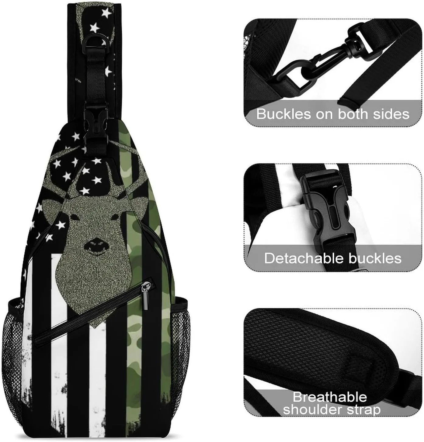 Funny Camouflage American Flag Hunting Deer Camo Chest Bag for Sports, Women Men Causal Sling Bag Shoulder Pack Crossbody Backpack with Detachable Buckles for Hiking Daypack