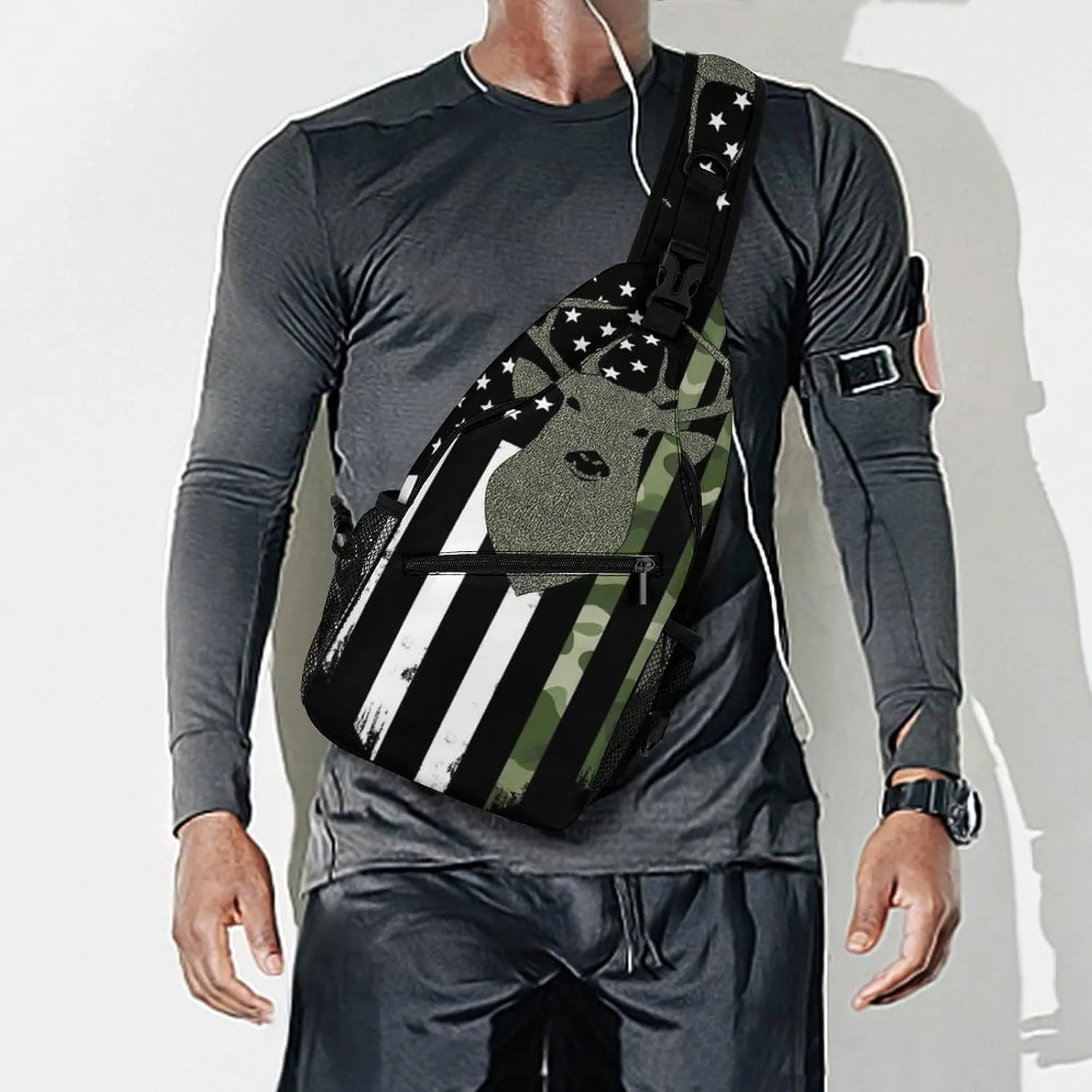Funny Camouflage American Flag Hunting Deer Camo Chest Bag for Sports, Women Men Causal Sling Bag Shoulder Pack Crossbody Backpack with Detachable Buckles for Hiking Daypack