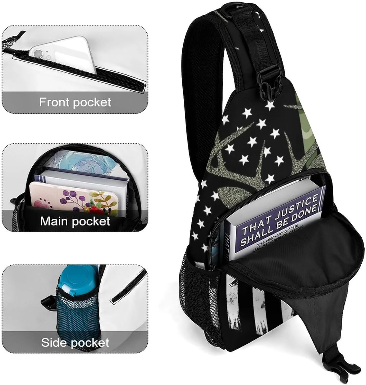 Funny Camouflage American Flag Hunting Deer Camo Chest Bag for Sports, Women Men Causal Sling Bag Shoulder Pack Crossbody Backpack with Detachable Buckles for Hiking Daypack