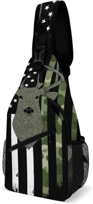 Funny Camouflage American Flag Hunting Deer Camo Chest Bag for Sports, Women Men Causal Sling Bag Shoulder Pack Crossbody Backpack with Detachable Buckles for Hiking Daypack