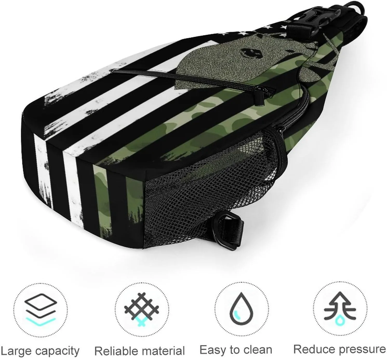Funny Camouflage American Flag Hunting Deer Camo Chest Bag for Sports, Women Men Causal Sling Bag Shoulder Pack Crossbody Backpack with Detachable Buckles for Hiking Daypack