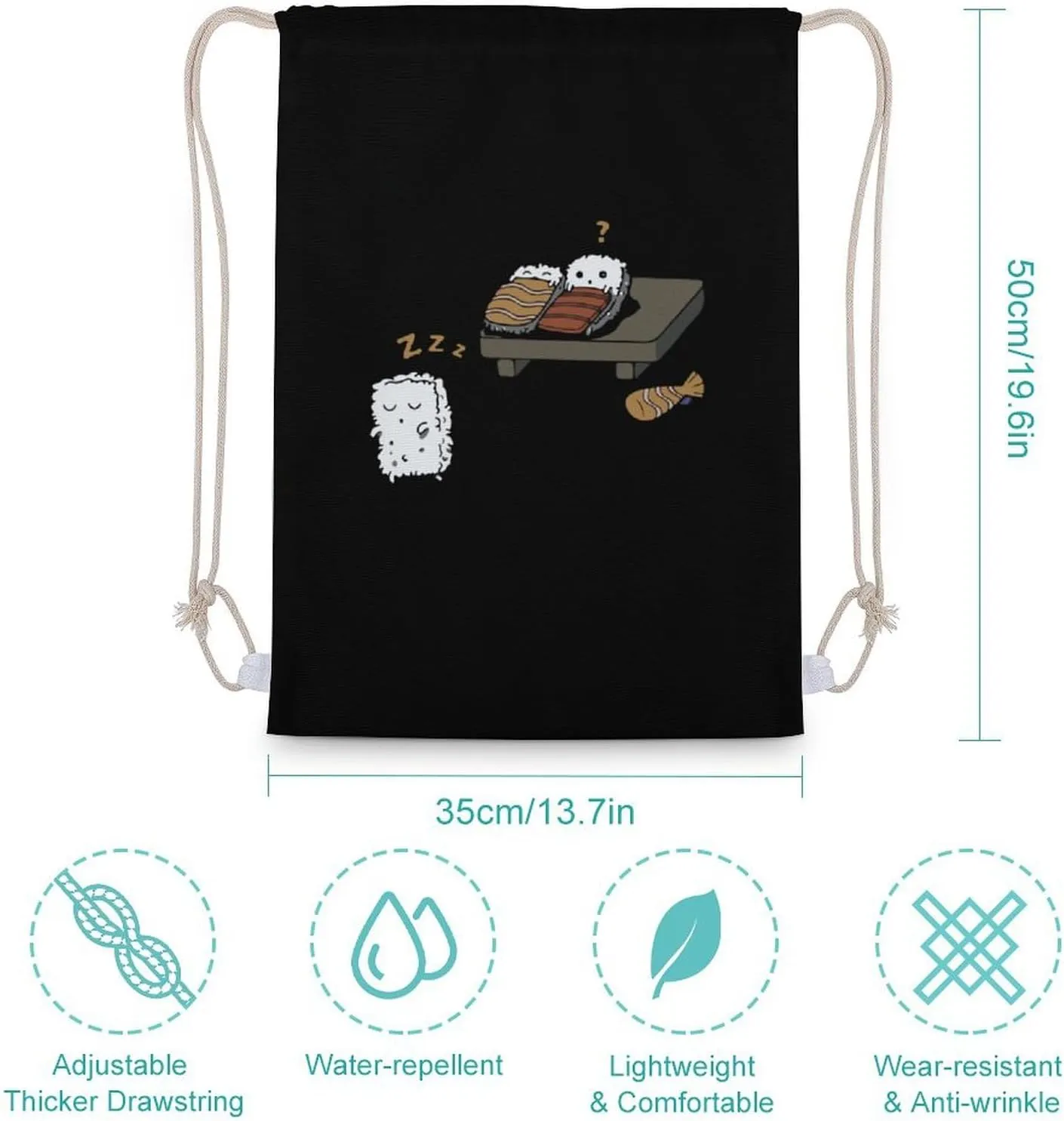 Funny Sleepwalking Sushi Canvas Drawstring Bags Sports Gym Sackpack Double-Sided Printing String Backpack Beach Travel Bag