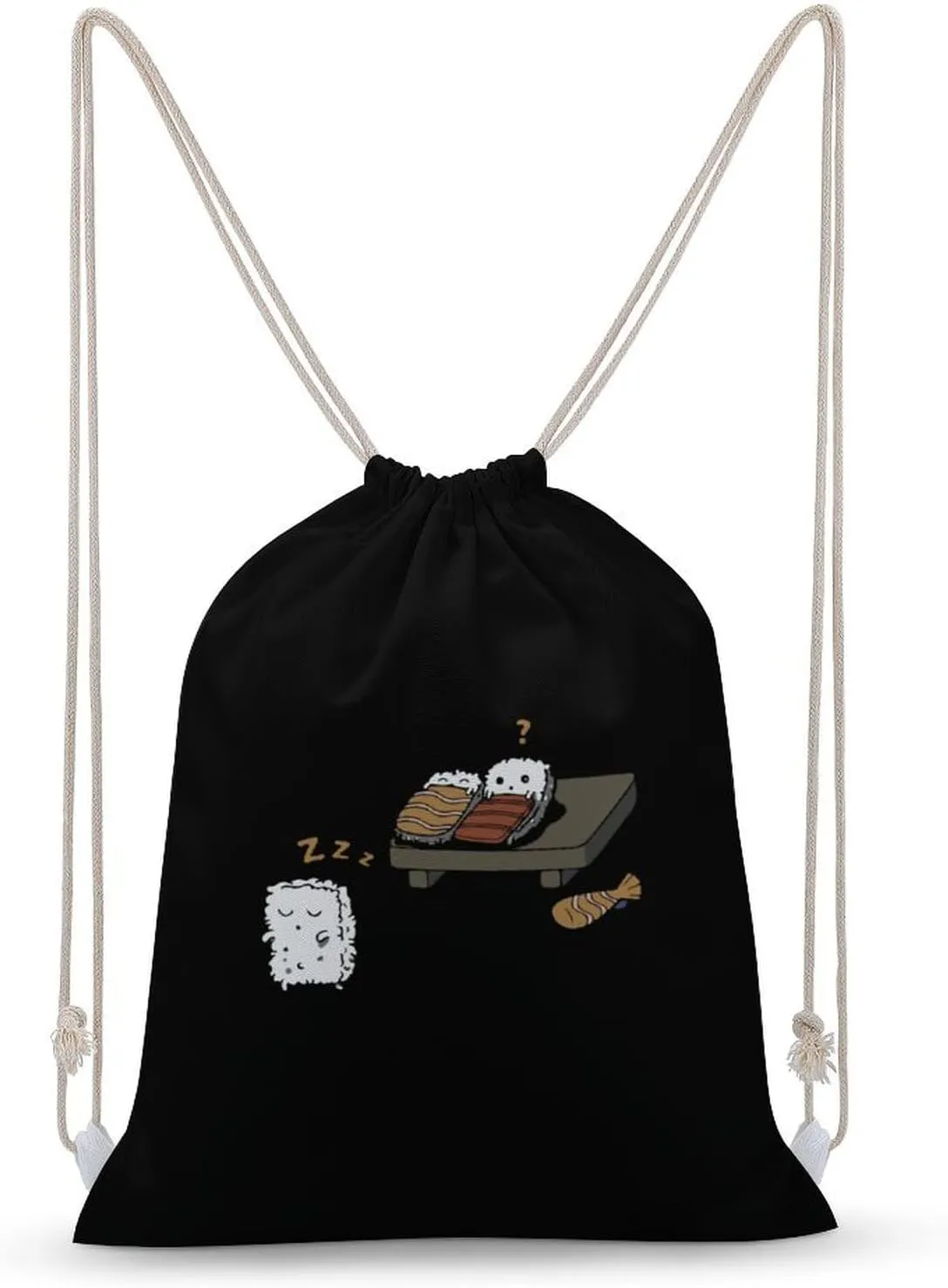 Funny Sleepwalking Sushi Canvas Drawstring Bags Sports Gym Sackpack Double-Sided Printing String Backpack Beach Travel Bag