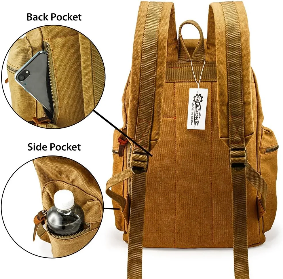 GEARONIC Vintage Canvas Backpack, Casual Daypack Backpacks for Men Women, 15inch Laptop Bag Travel Hiking Camping Rucksack