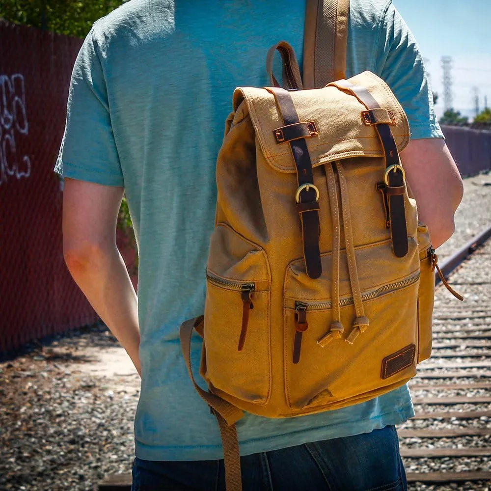 GEARONIC Vintage Canvas Backpack, Casual Daypack Backpacks for Men Women, 15inch Laptop Bag Travel Hiking Camping Rucksack