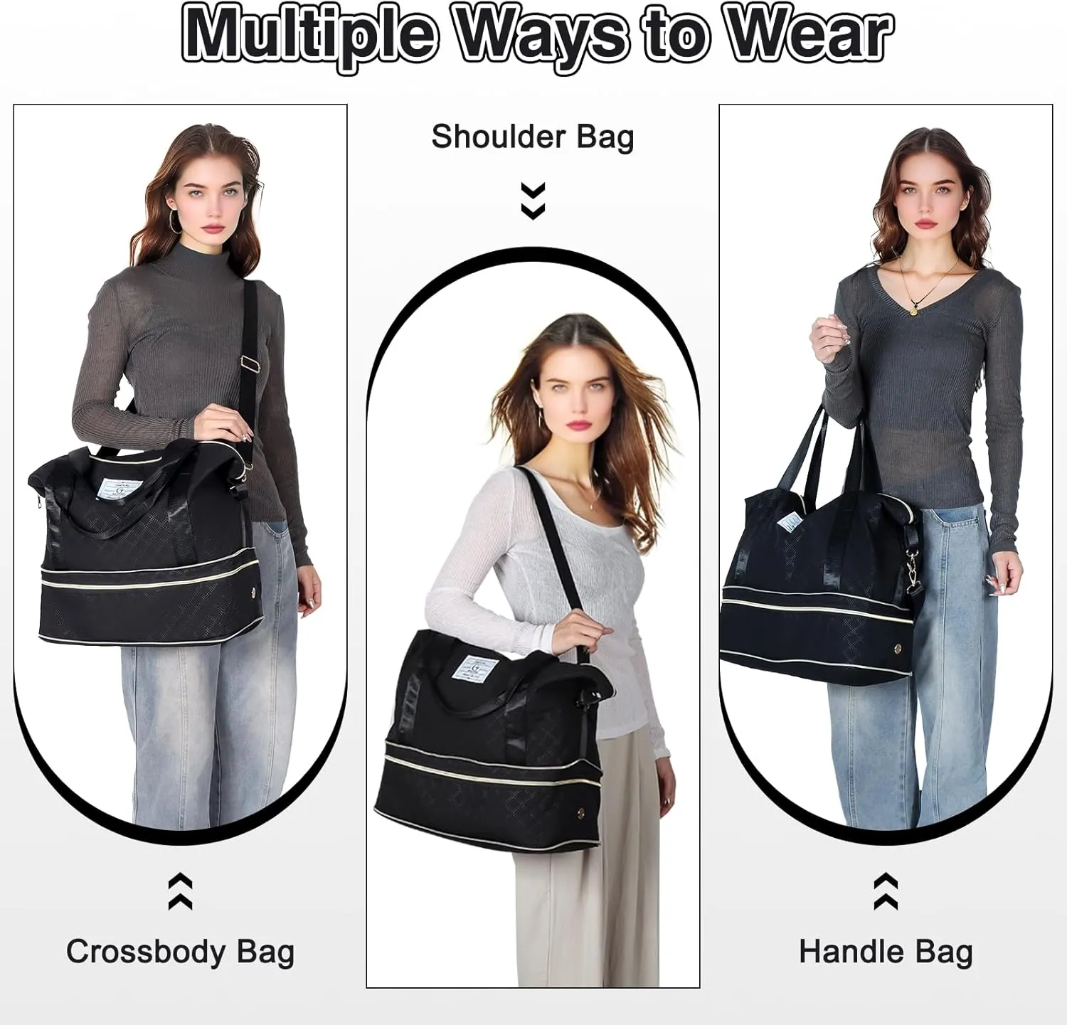 Geestock Travel Duffle Bag for Women Men, Expandable Weekender Overnight Bags with Shoes Compartment, Lightweight Carry on Personal Item Duffle Gym Bag for Travel, Airplanes, Sports (Black)