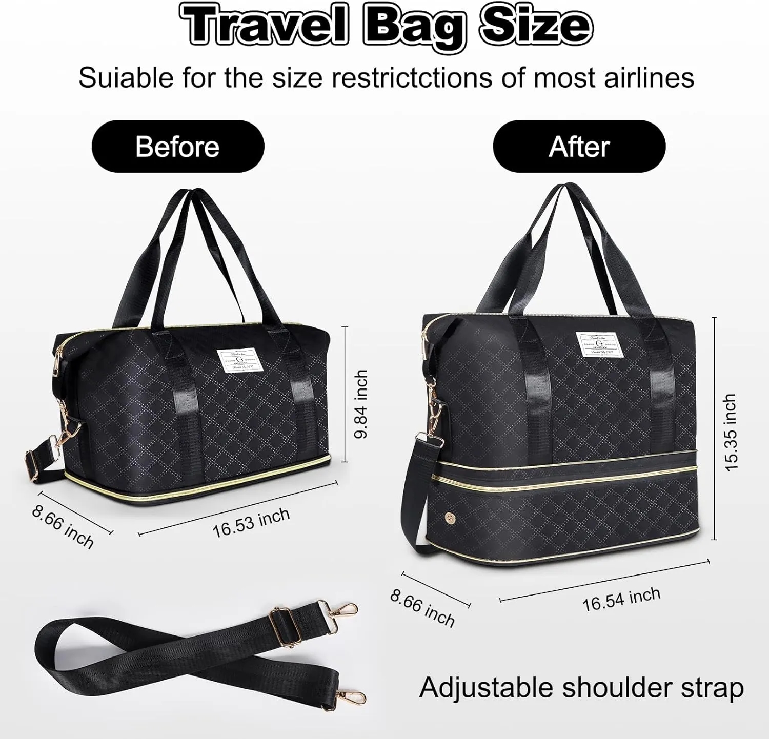 Geestock Travel Duffle Bag for Women Men, Expandable Weekender Overnight Bags with Shoes Compartment, Lightweight Carry on Personal Item Duffle Gym Bag for Travel, Airplanes, Sports (Black)