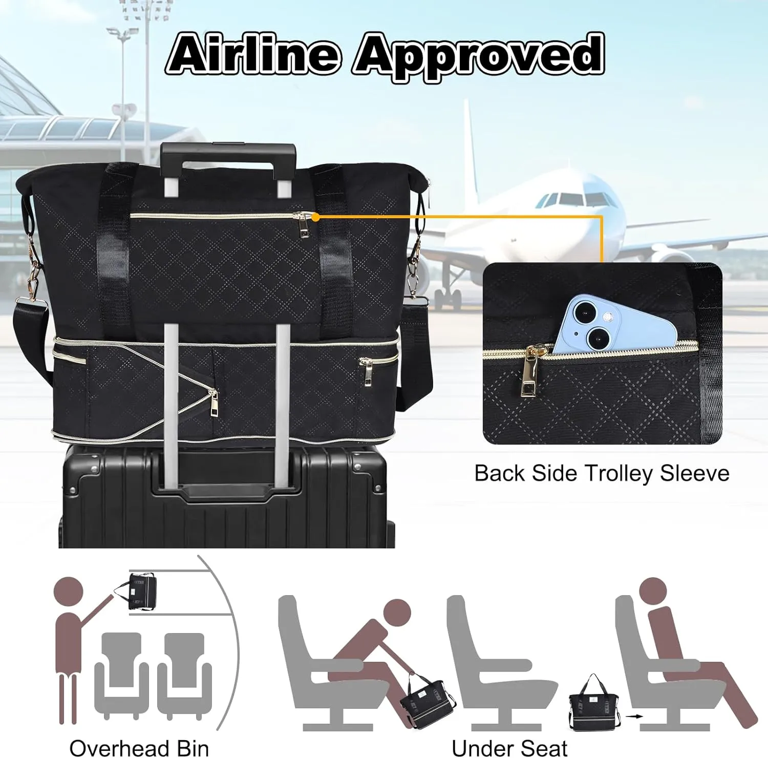 Geestock Travel Duffle Bag for Women Men, Expandable Weekender Overnight Bags with Shoes Compartment, Lightweight Carry on Personal Item Duffle Gym Bag for Travel, Airplanes, Sports (Black)