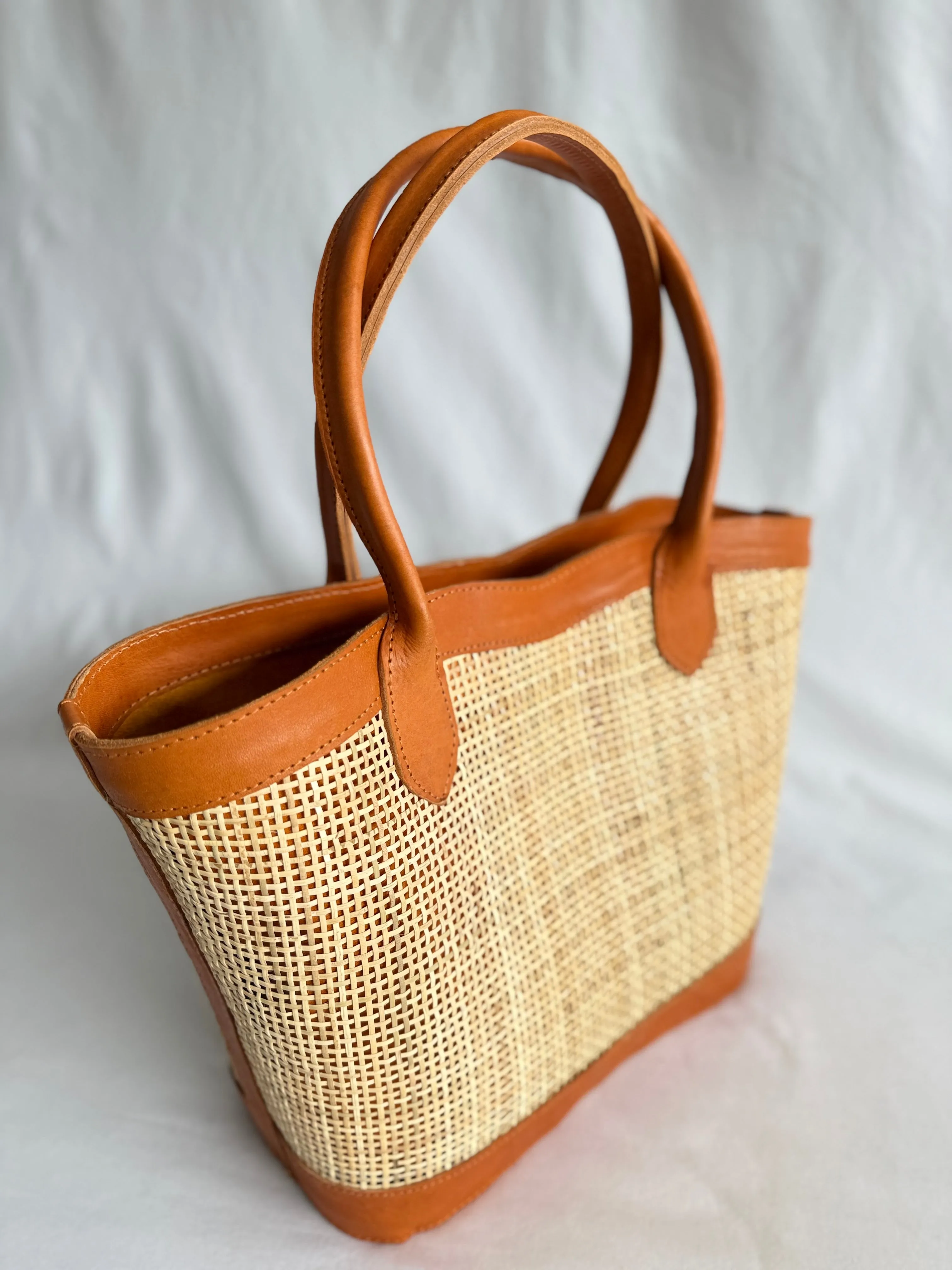 Genova Leather Handbag | Genuine Cowhide Leather & Rattan, Stylish Crossbody with Top Handles