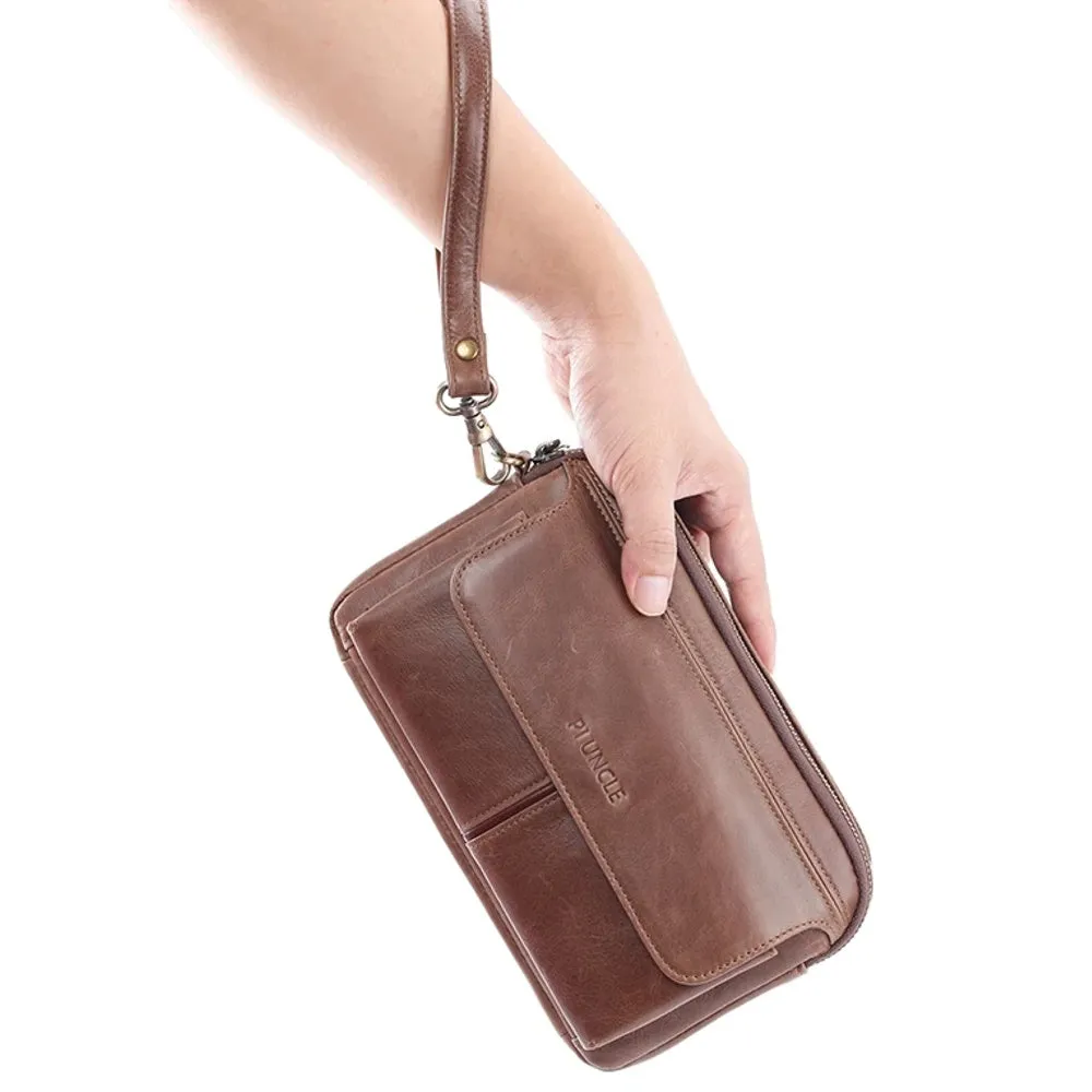 Genuine Leather Men's Long Wallet Cowhide Handle Bags