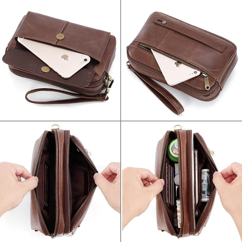 Genuine Leather Men's Long Wallet Cowhide Handle Bags