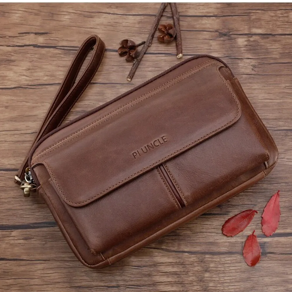 Genuine Leather Men's Long Wallet Cowhide Handle Bags