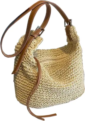 Gets Handwoven Round Rattan Bag Straw Crossbody Shoulder Bag for Women Bohemian Straw Tote Bag Beach Carrying Handbag
