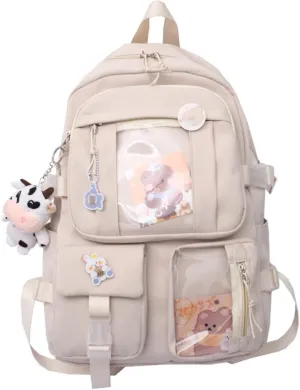 GGOOB Kawaii Backpack with Pins Kawaii School Backpack Cute Aesthetic Backpack Cute Kawaii Backpack for School (Beige, With Accessories)