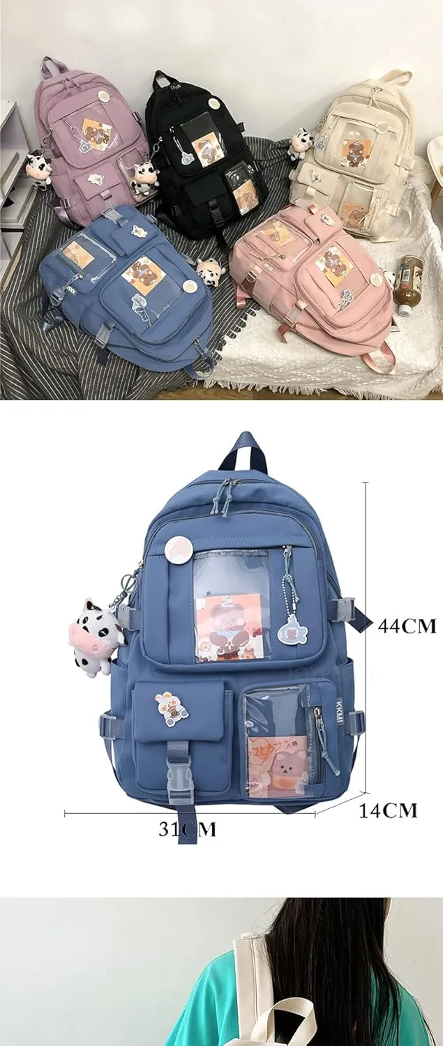 GGOOB Kawaii Backpack with Pins Kawaii School Backpack Cute Aesthetic Backpack Cute Kawaii Backpack for School (Beige, With Accessories)